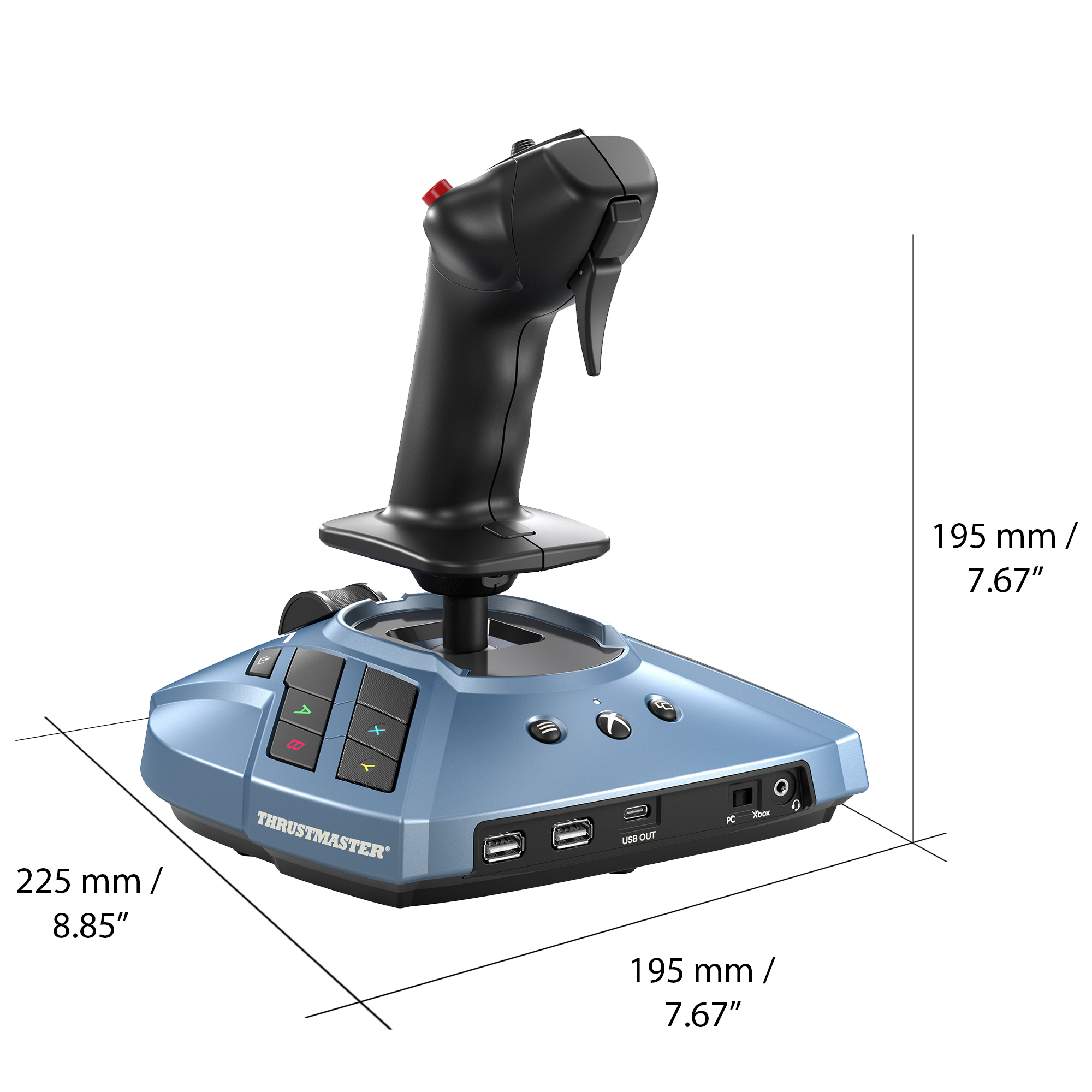 Kontroler do gier joystick Thrustmaster na białym tle, ze wskazaniem wymiarów.