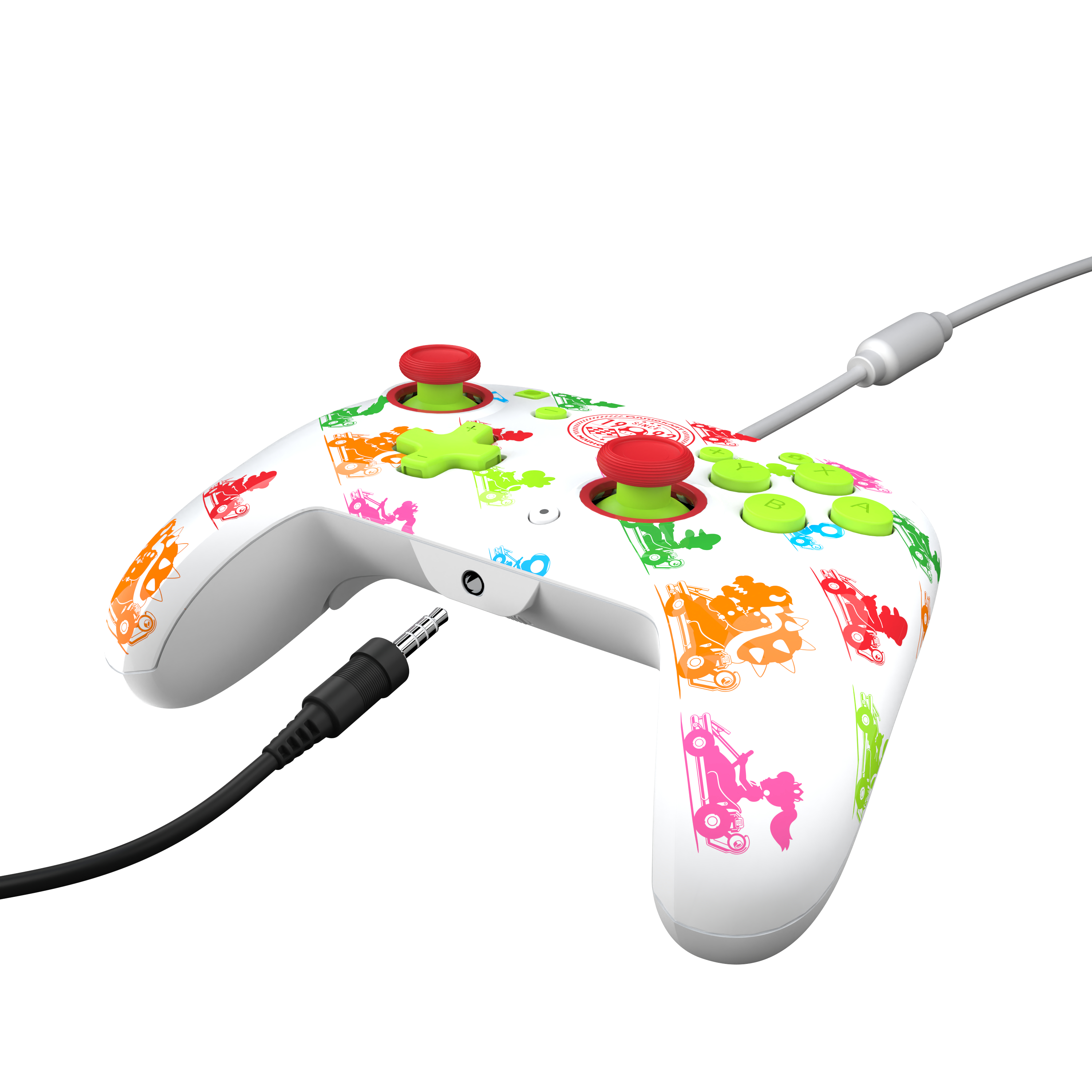 Biały kontroler do gier z kolorowymi przyciskami. Podłączony czarny kabel. Wydrukowano różne obrazy z kreskówek.