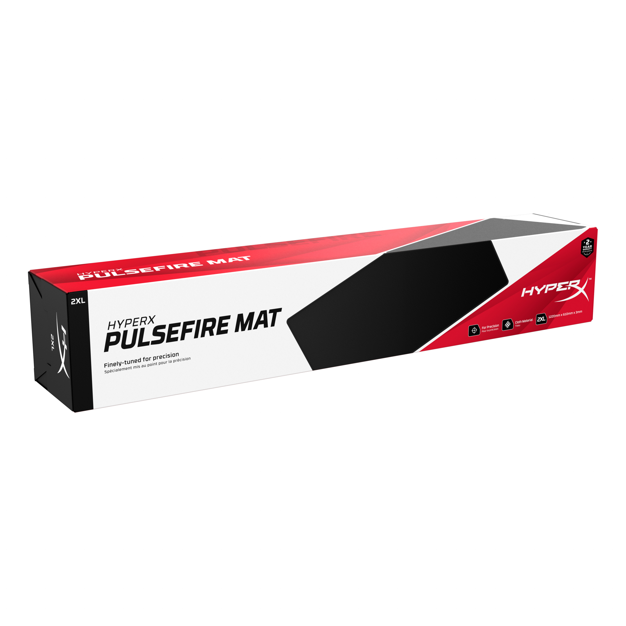 Pudełko HyperX Pulsefire Mat. Biało-czerwono-czarny design. Nazwa produktu dużym tekstem. Rozmiar 2XL.