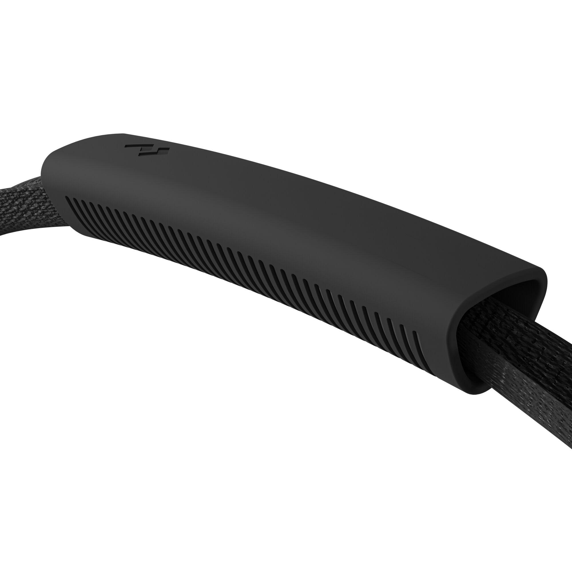Zwarte handgreep met zwart koord. Voorzien van een rubberen grip met geribbelde textuur en merklogo.