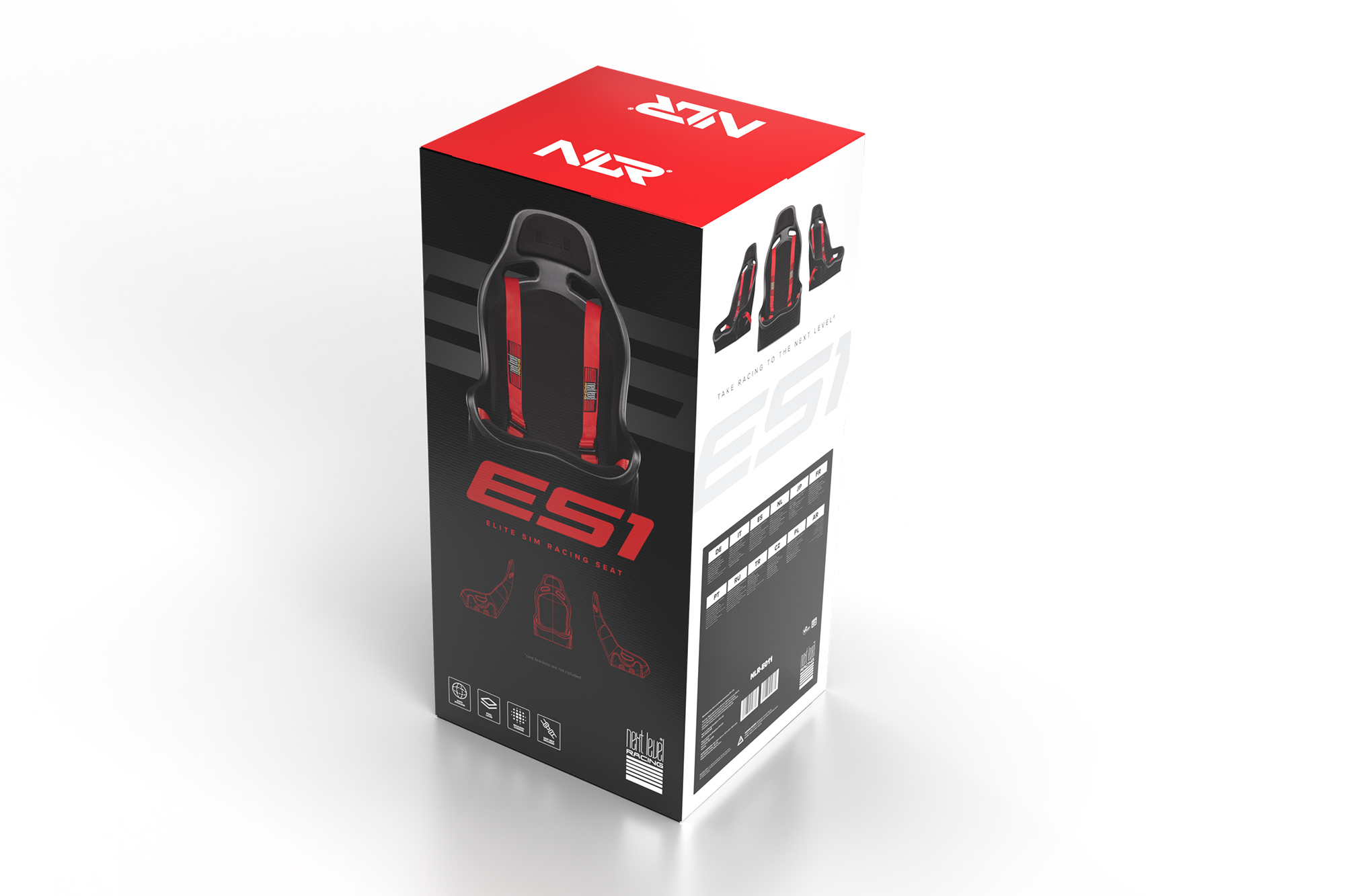 Caja para asiento de carreras con diseño rojo y negro.