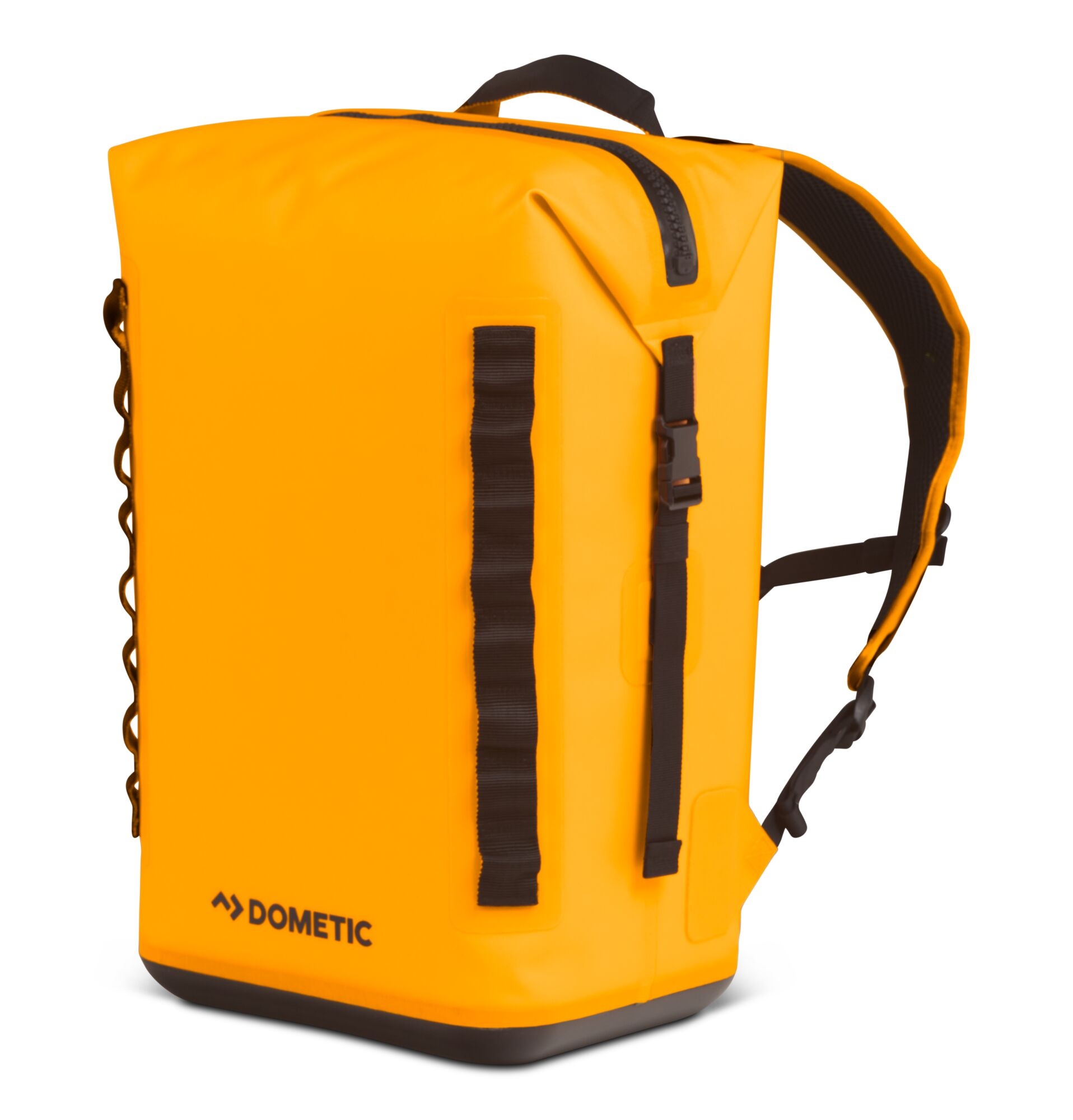 An orange waterproof backpack with black straps and a zipper, and a Dometic logo.