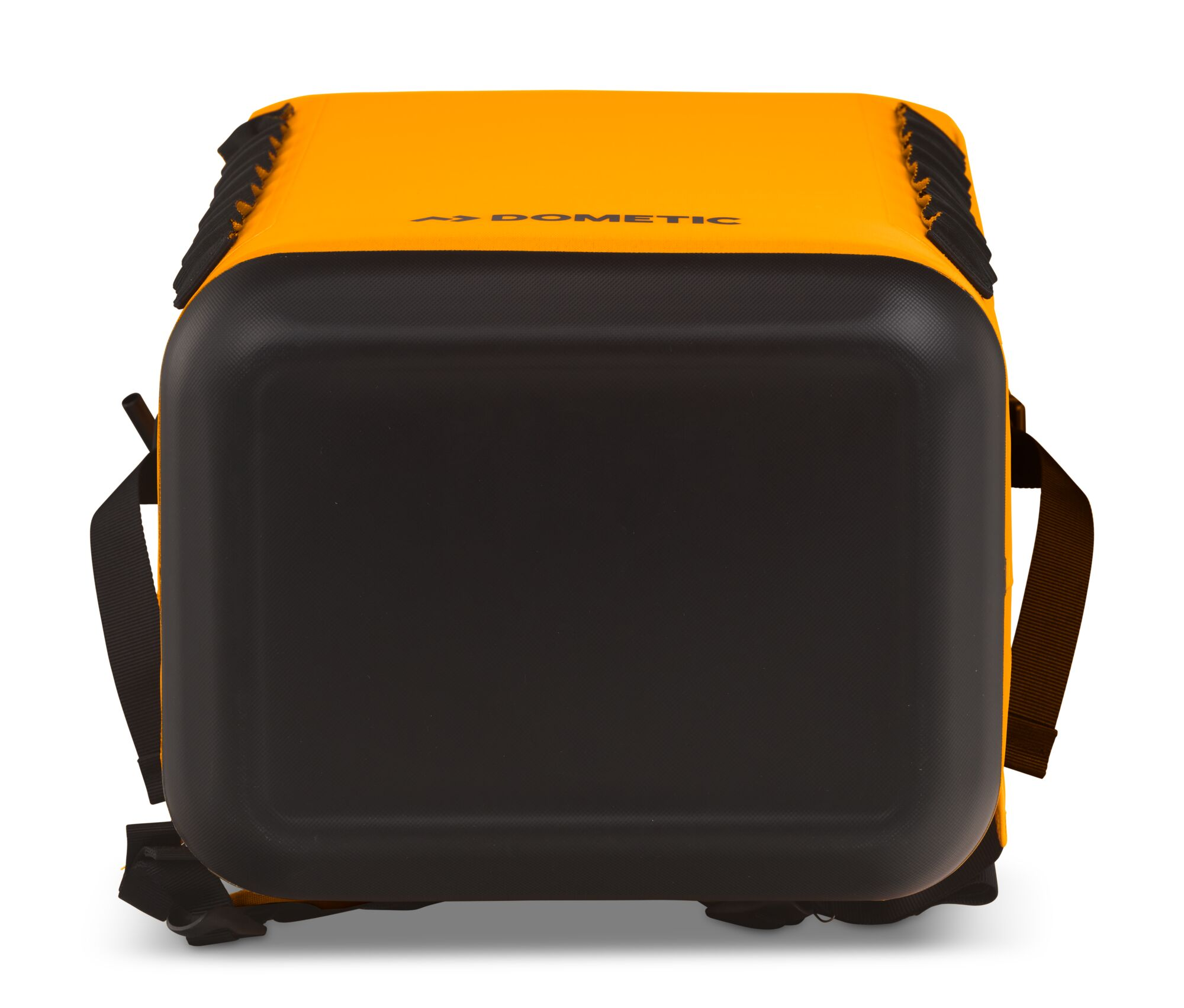 Yellow cooler with a black bottom. Black handle on the top. White background.