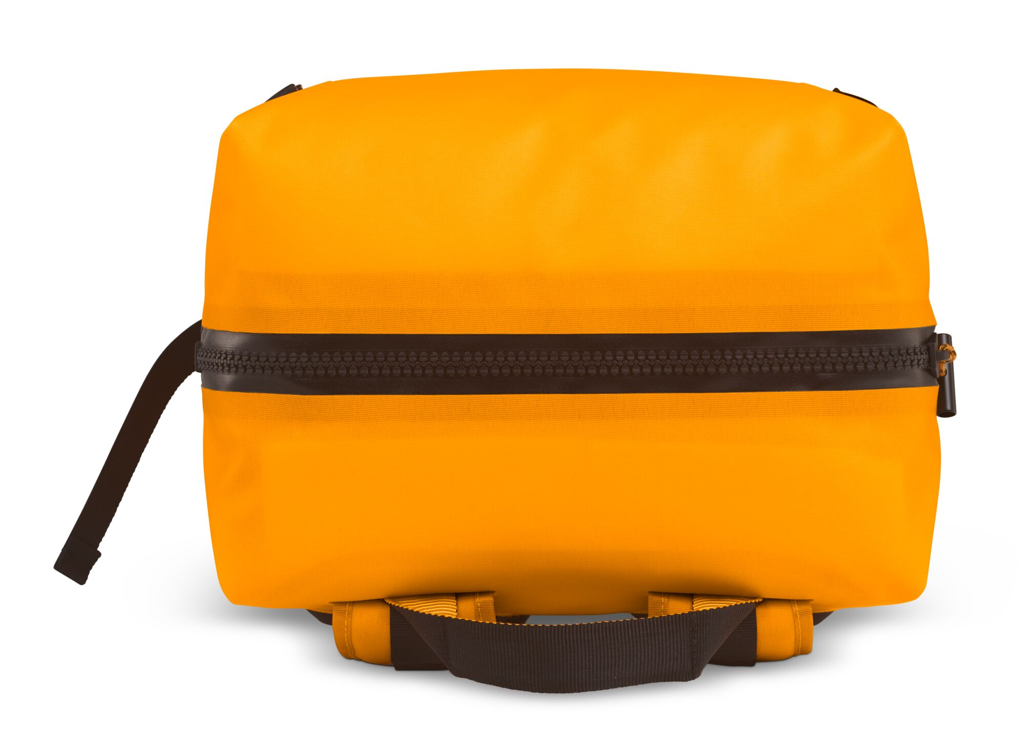 Orange bag with a black zipper and handle. Black straps on the back.