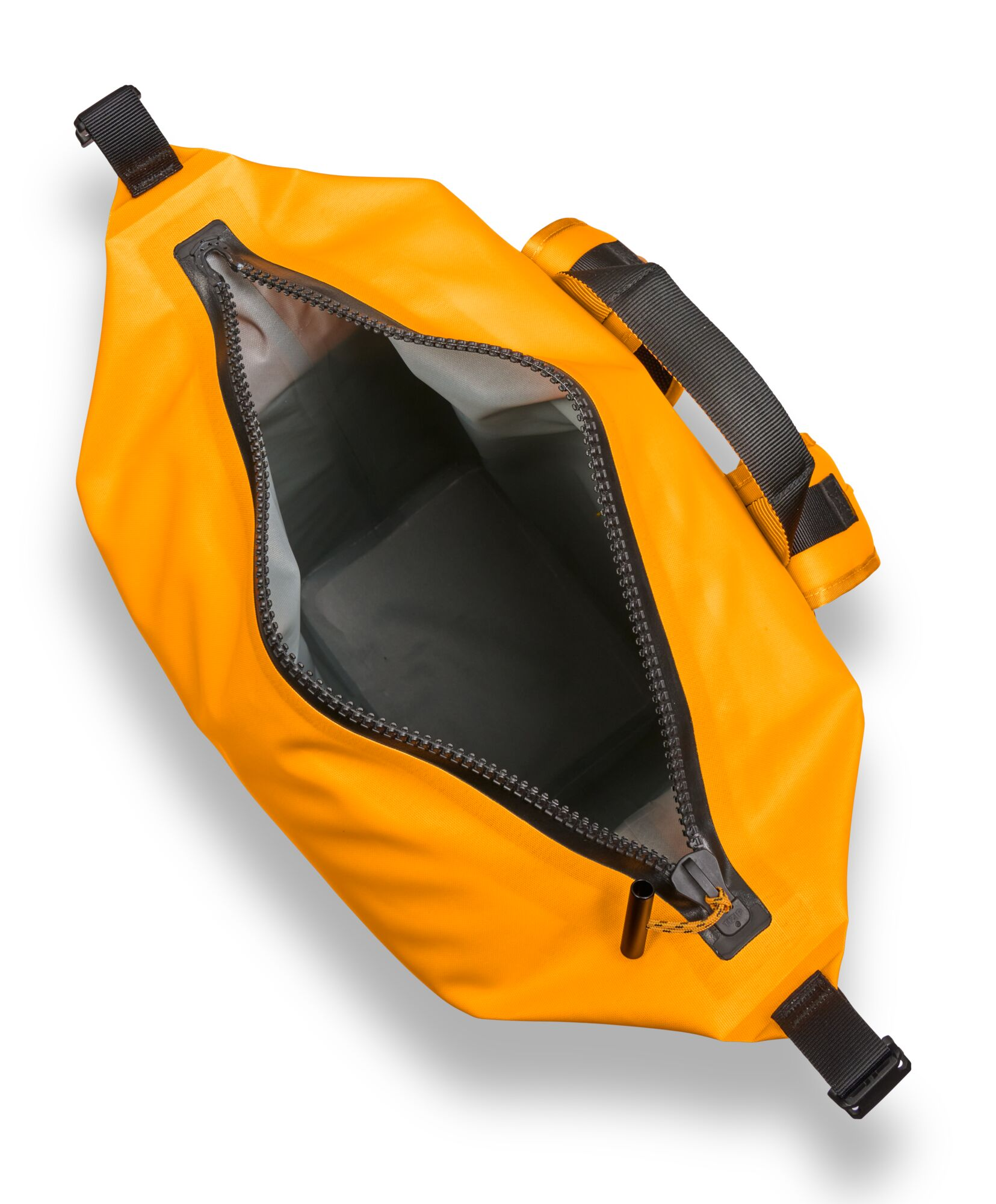 Open yellow dry bag with black handles and zipper, white background.