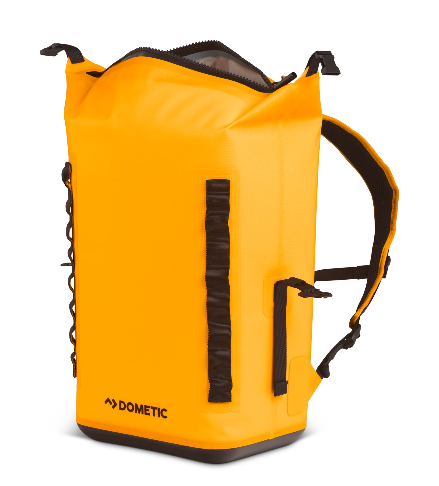 An orange waterproof backpack, with black straps and accents. White background.