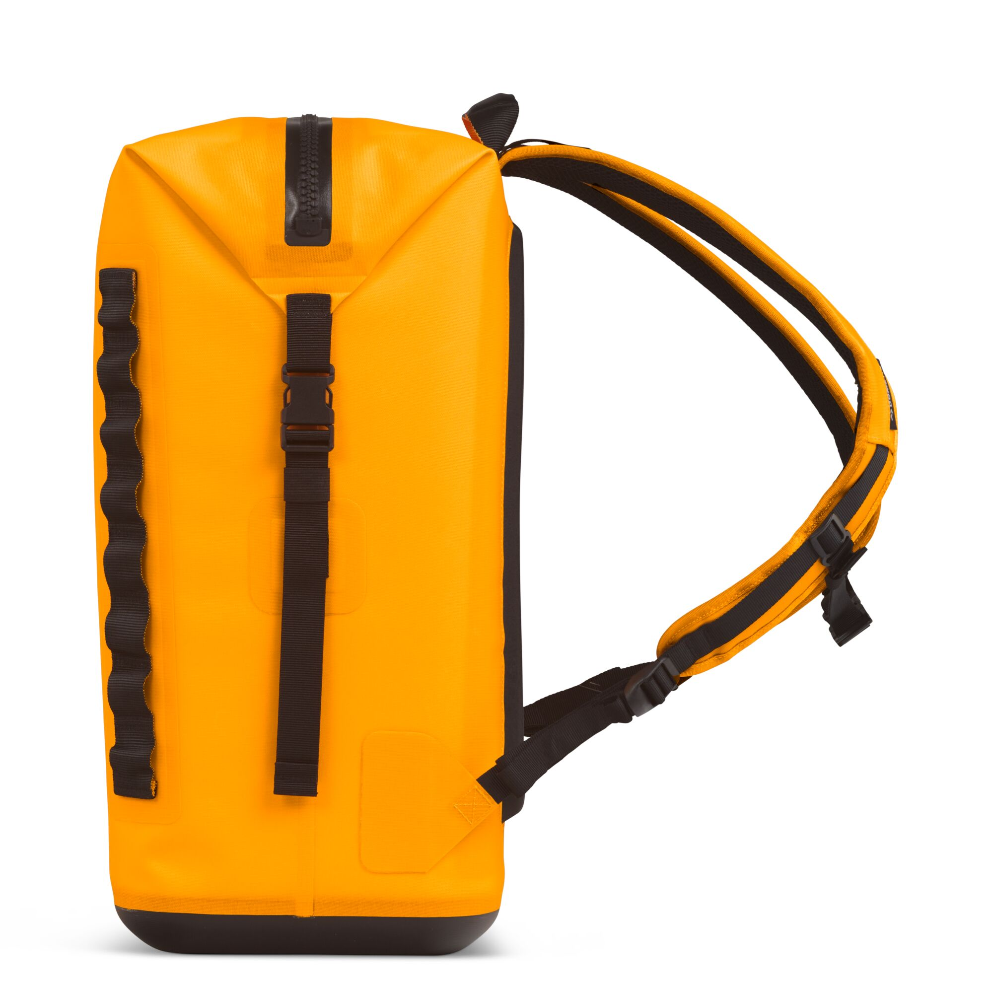 An orange backpack with black straps, a black zipper, and white background.