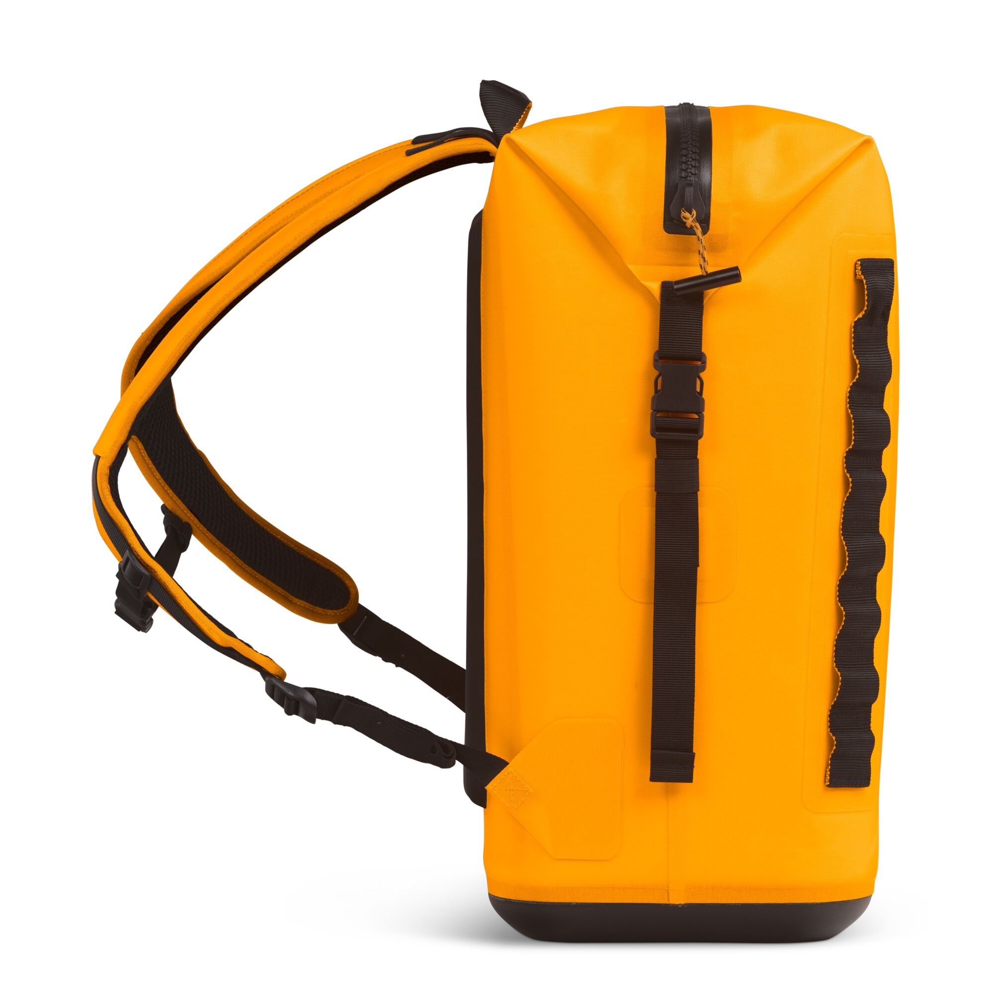 Yellow backpack with black straps and zipper. Side view, isolated on white.
