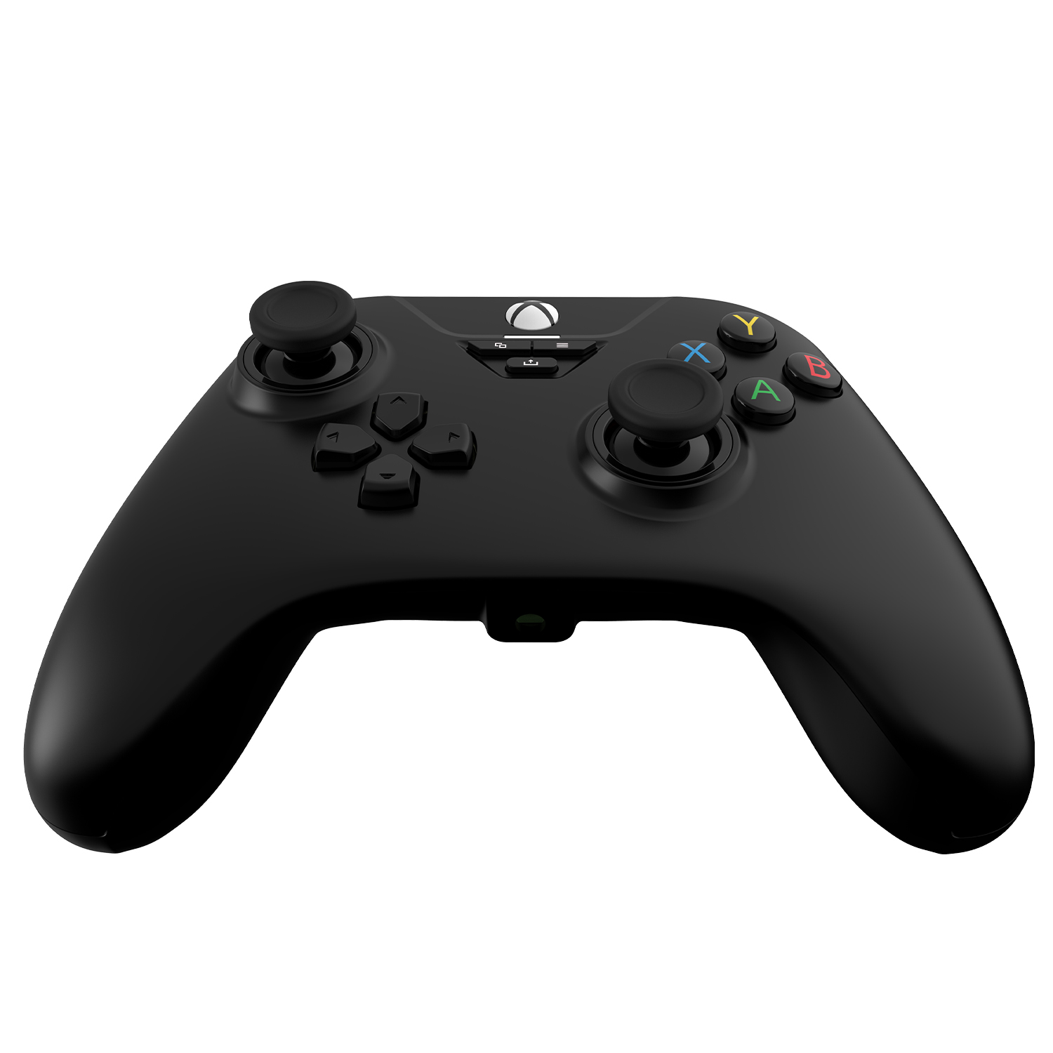 Schwarzer Xbox-Controller mit farbigen Knöpfen. Weißer Hintergrund.