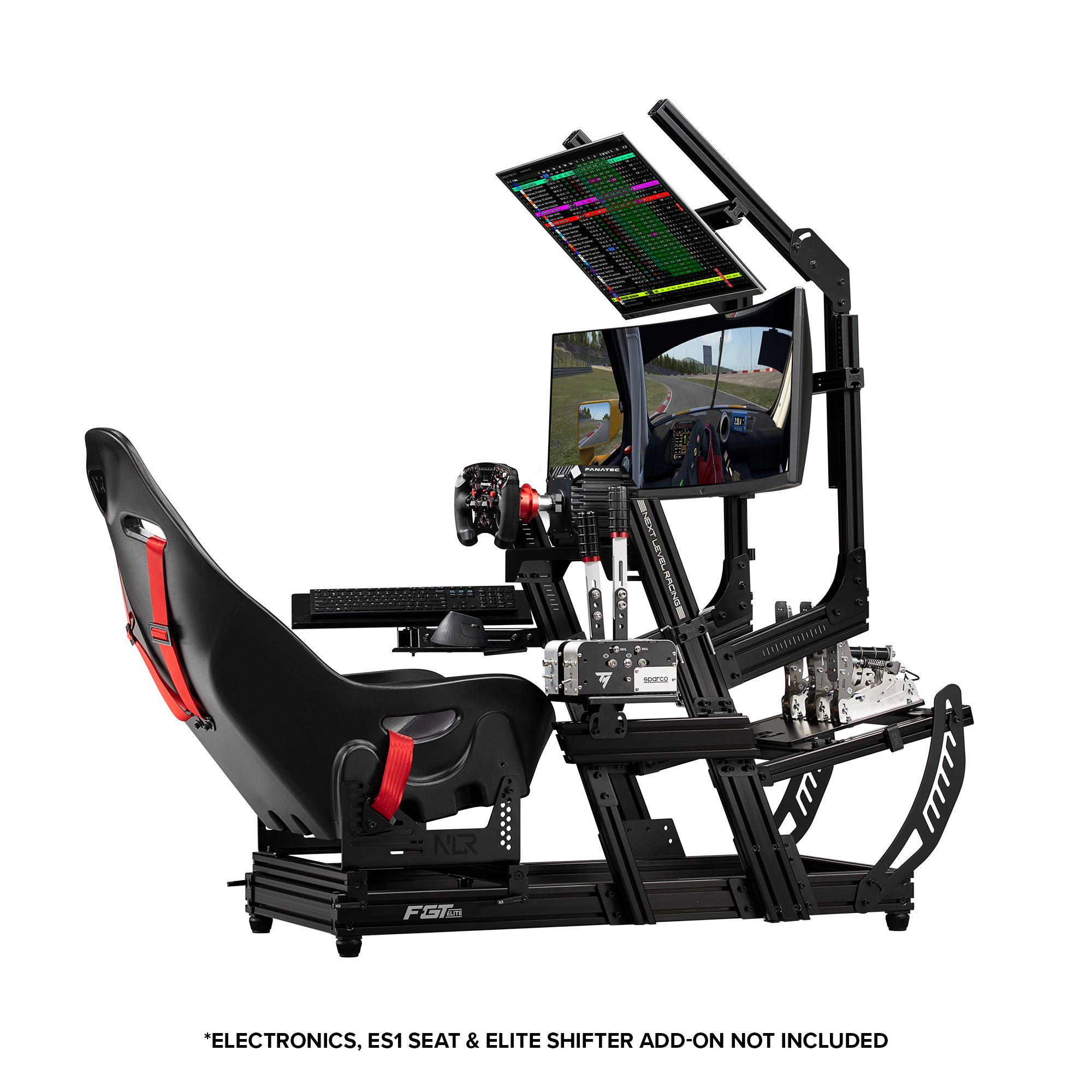 Silla de juego negra con doble pantalla, volante y teclado. Fondo blanco.