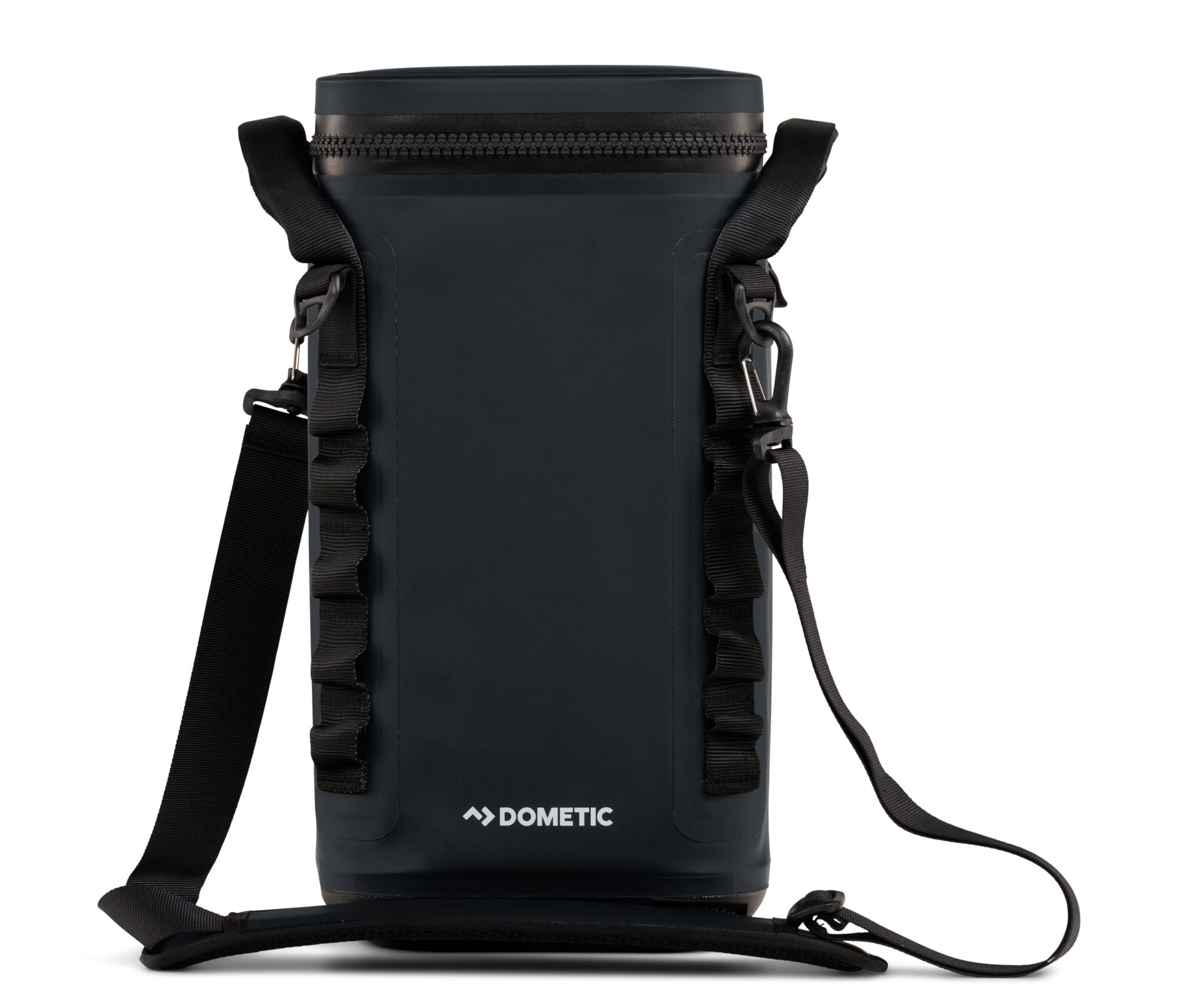Black Dometic cooler bag with a shoulder strap. Features a zipper closure and Dometic logo.