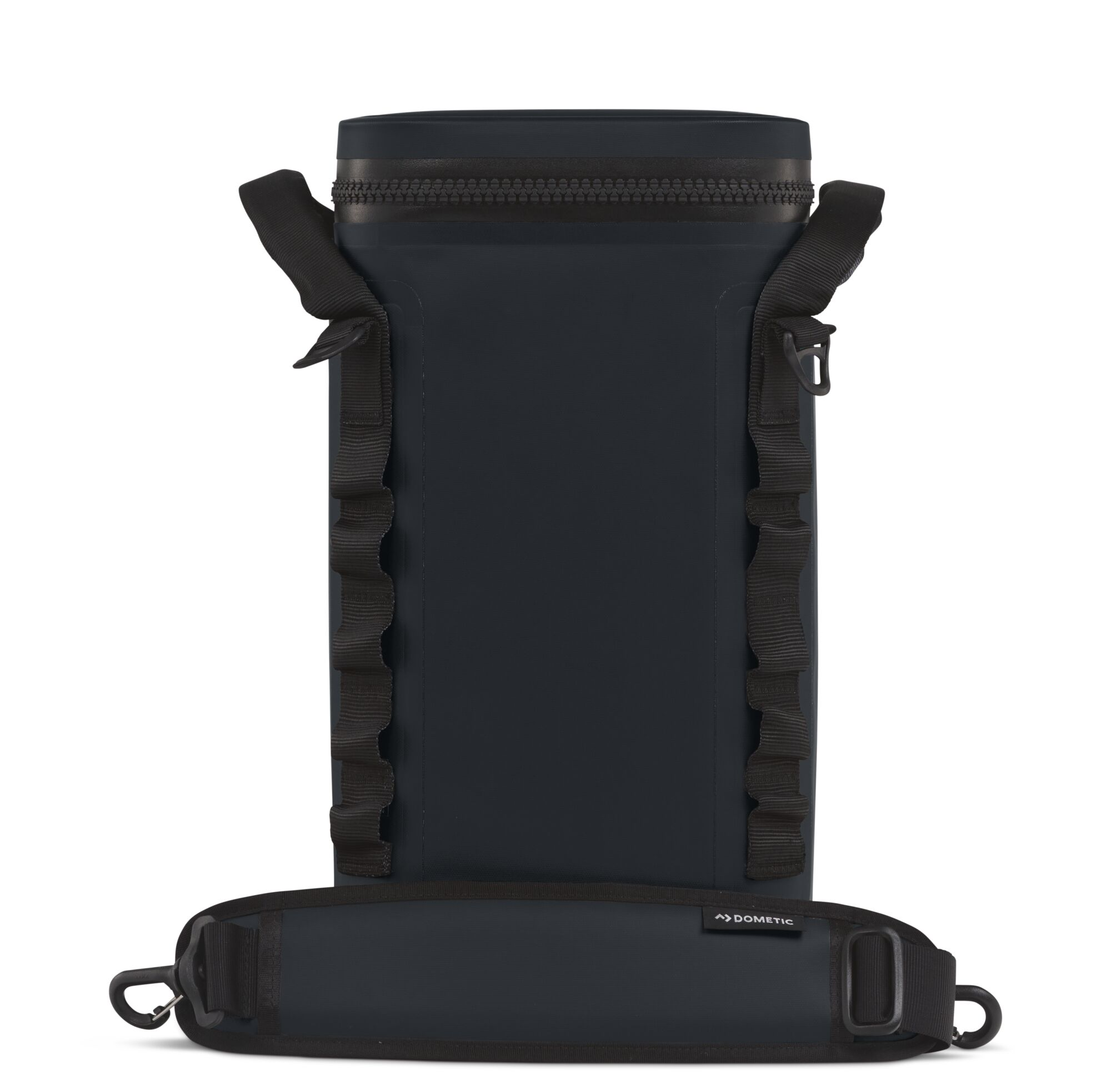 A dark blue waterproof bag with a shoulder strap, black straps, and a Dometic logo.
