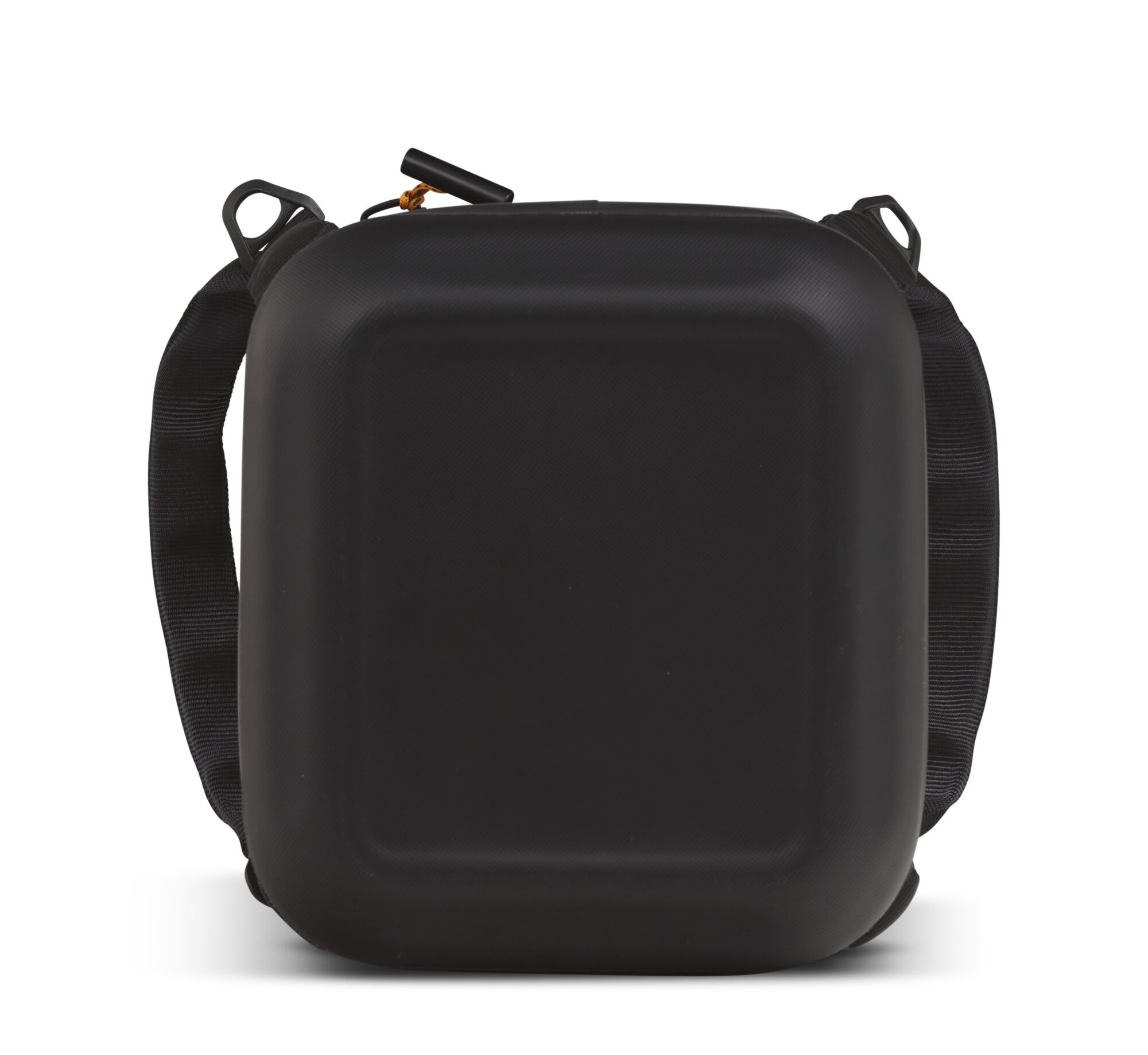 A black square bag with a shoulder strap, showcasing a simple, robust design.