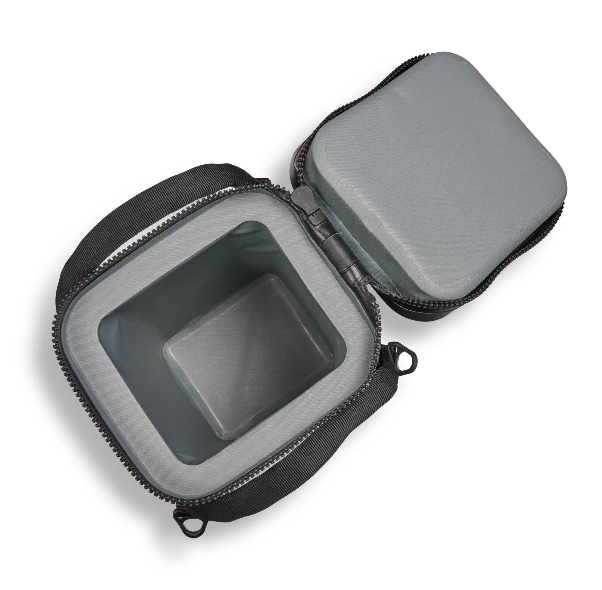 Open cooler with gray interior. Black zippers. White background.