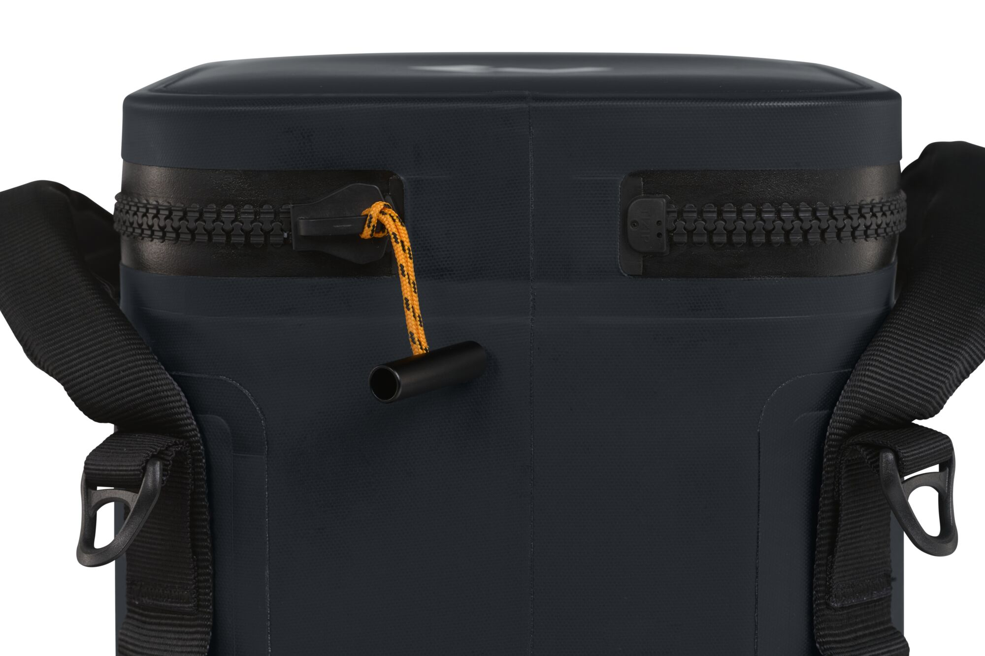 Black cooler bag with zipper and handle. The bag has a navy blue exterior and orange accents.
