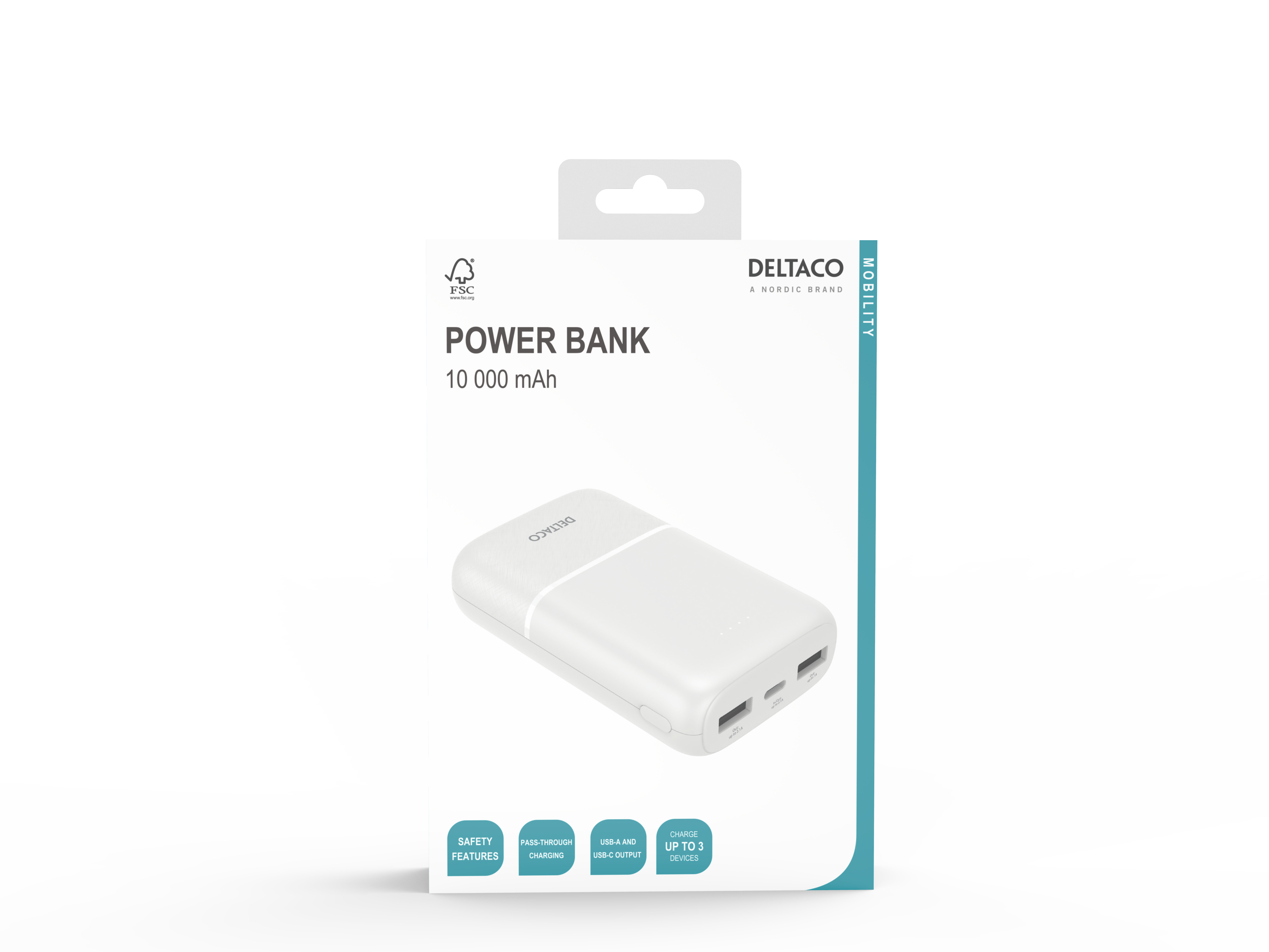 Power bank bianca con una scatola bianca. La scatola ha una striscia blu.