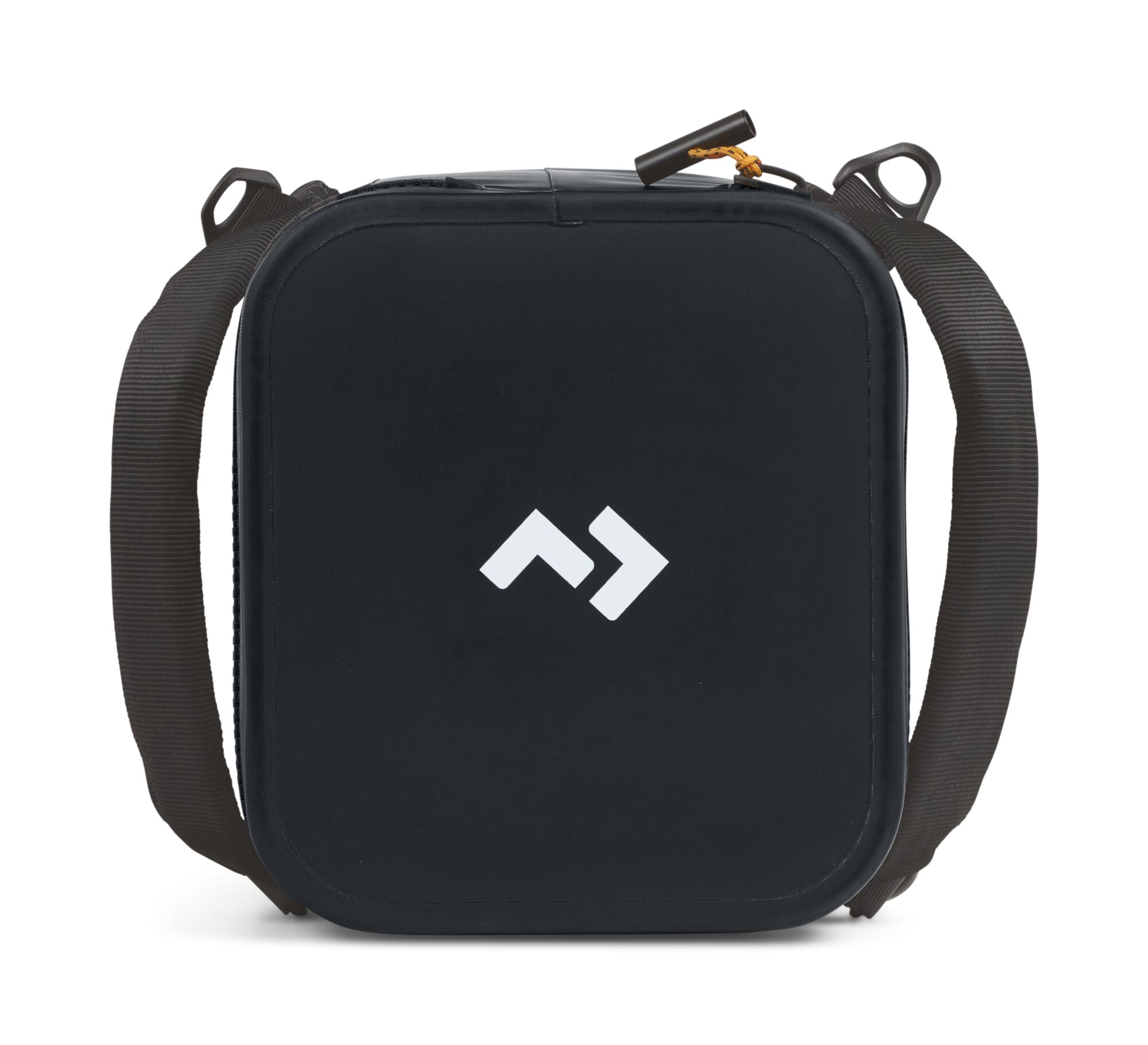 Black square cooler bag with white logo and shoulder straps.