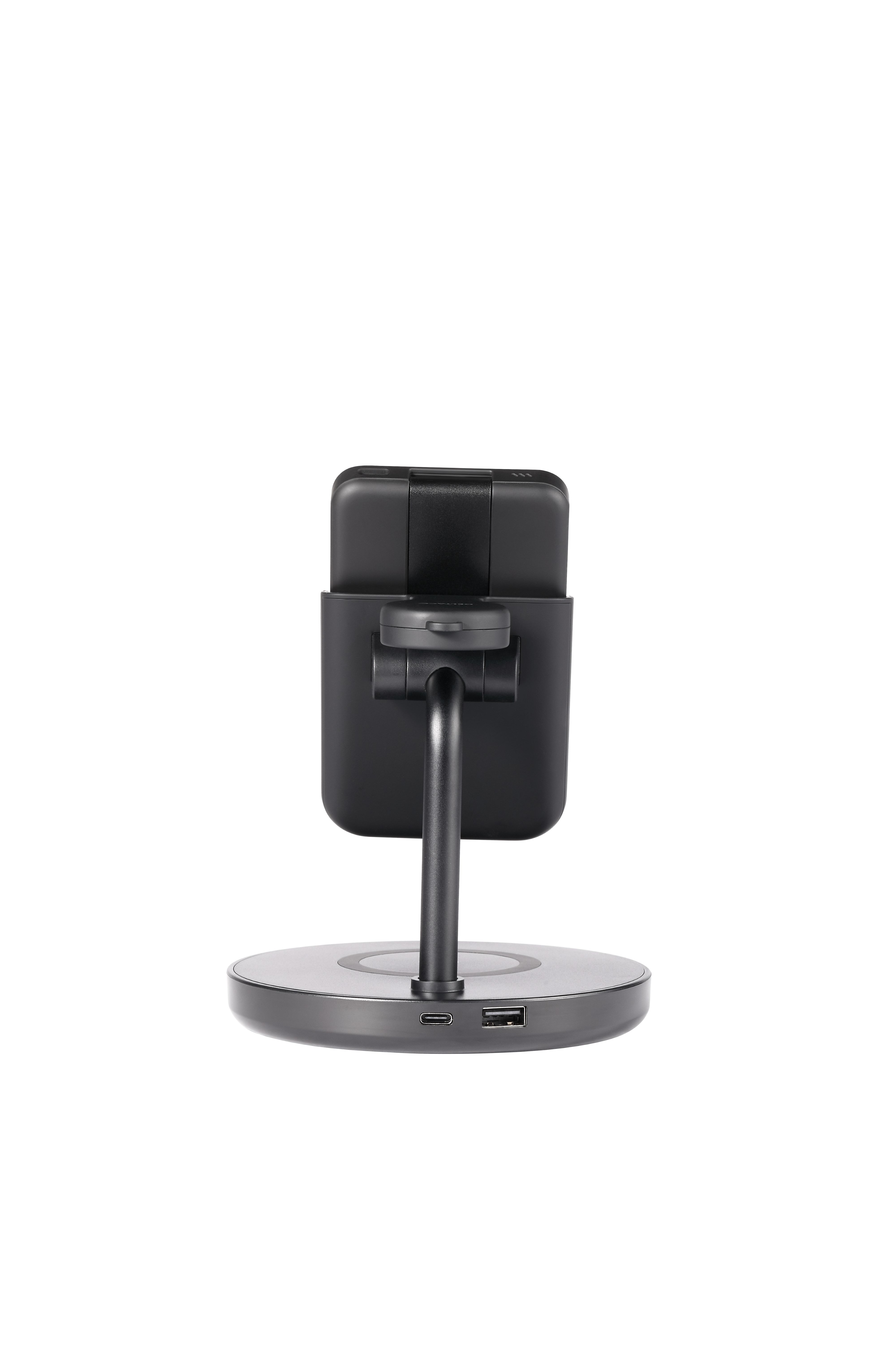 Caricatore wireless nero su base con porta USB. Supporta il posizionamento del telefono.
