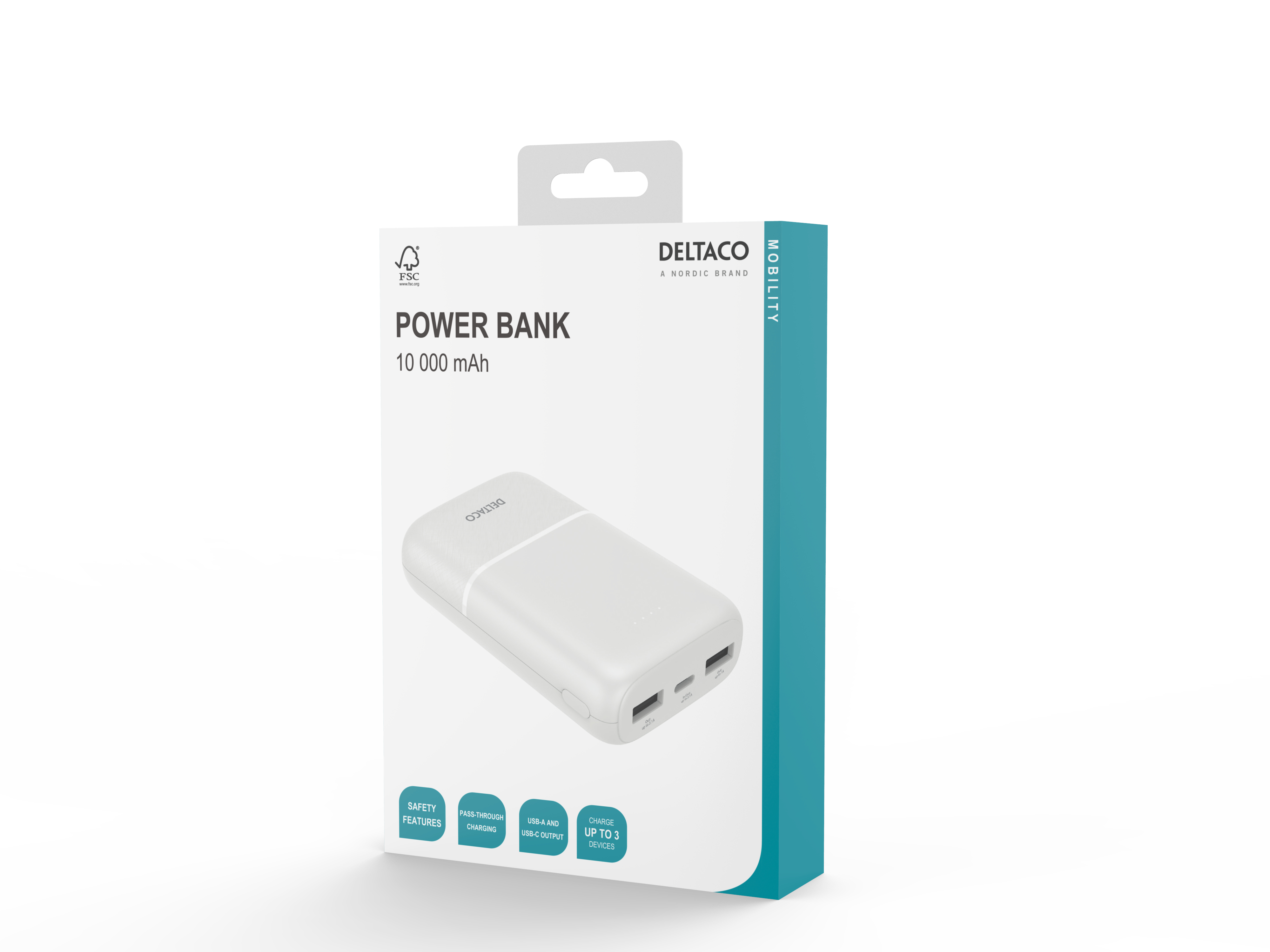 Power bank bianca in confezione. 10000 mAh e porte USB. Marca: DELTACO.