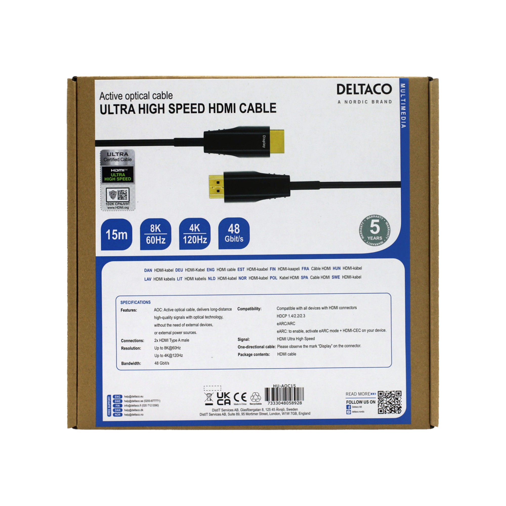 HDMI-kabeldoos, met de kabel zichtbaar. De doos is bruin met specificaties erop afgedrukt.