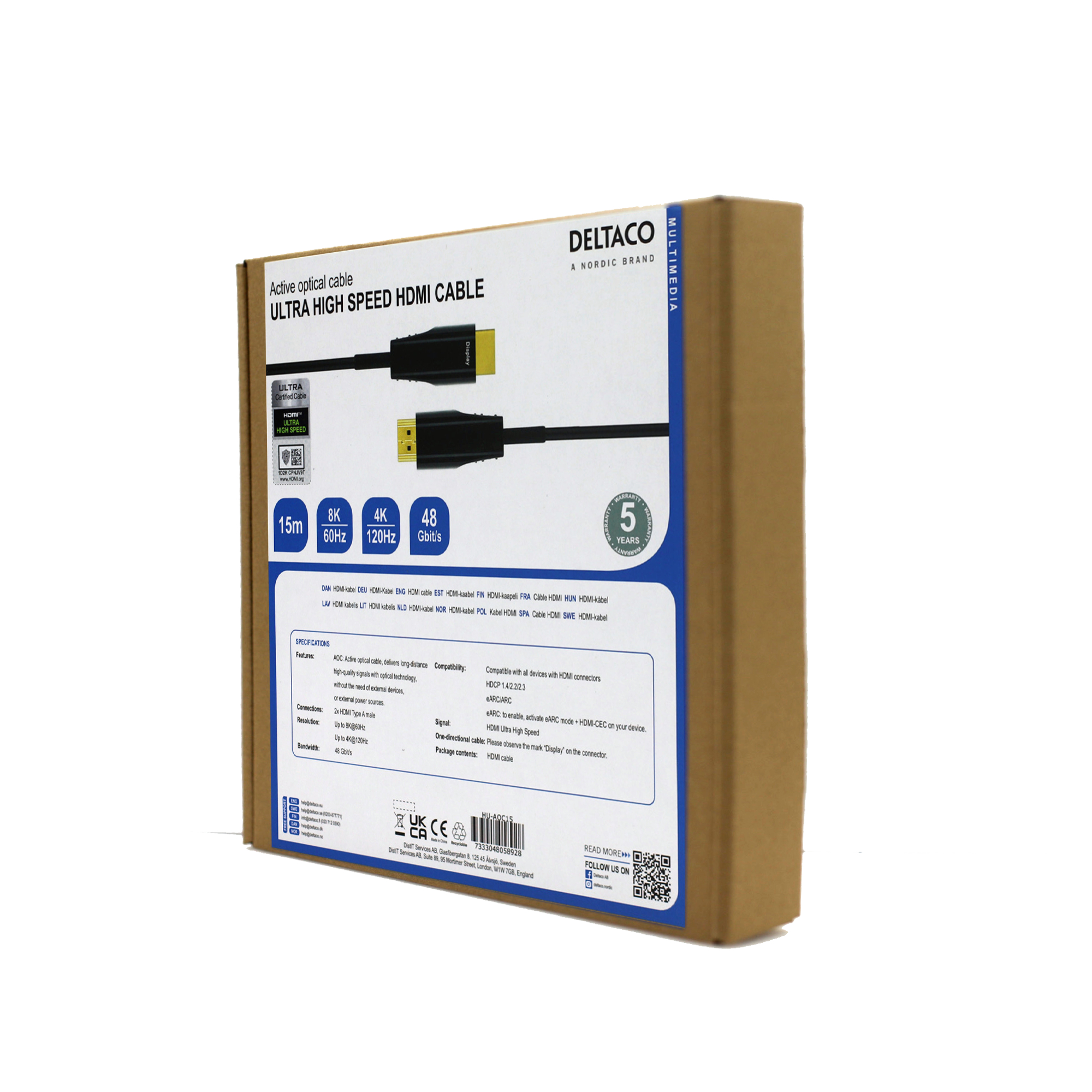 Doos van een actieve optische HDMI-kabel met specificaties, op een witte achtergrond.
