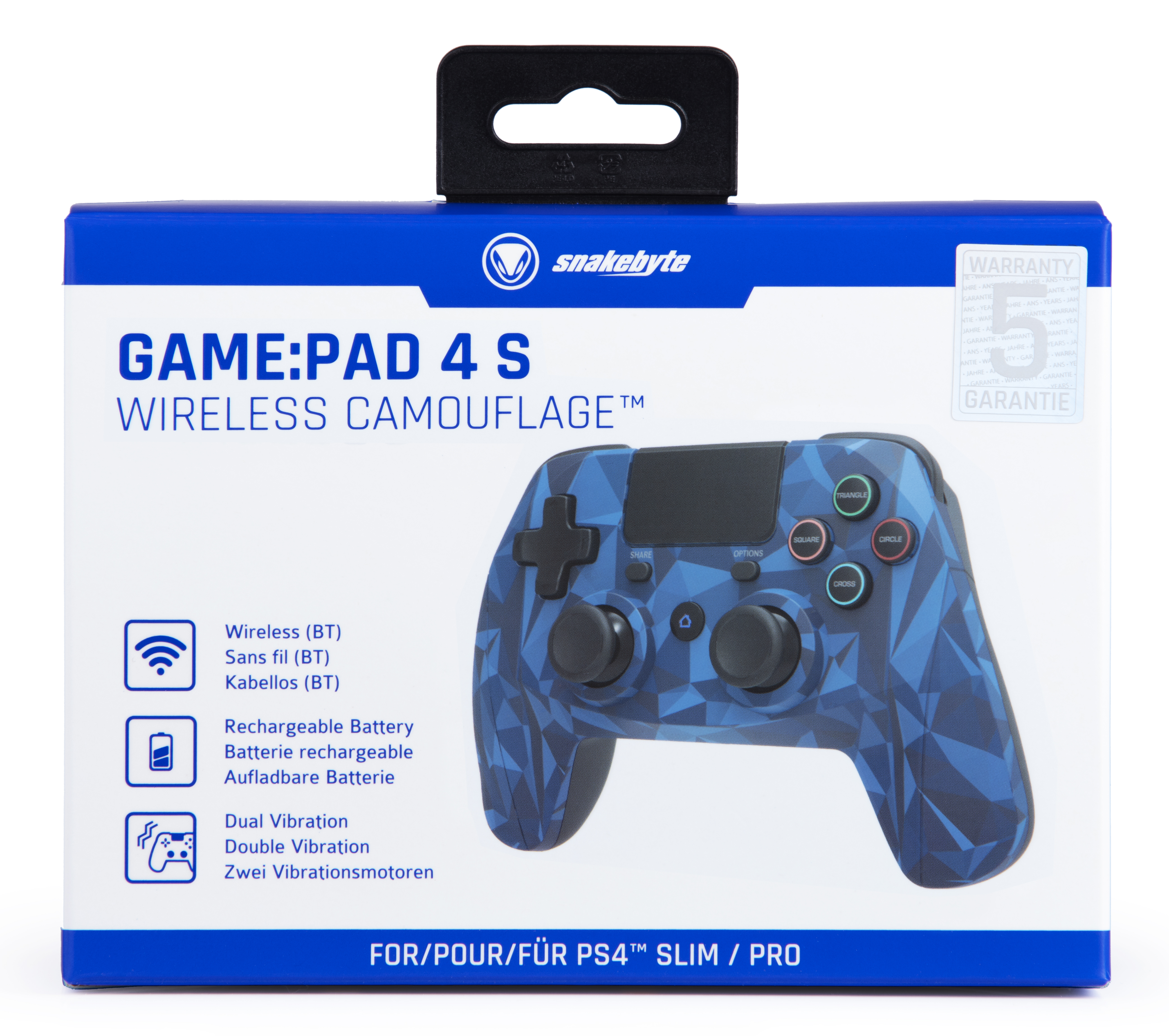 Eine blaue Gamepad-Box mit einem blauen Tarnmuster-Controller, Text in mehreren Sprachen.