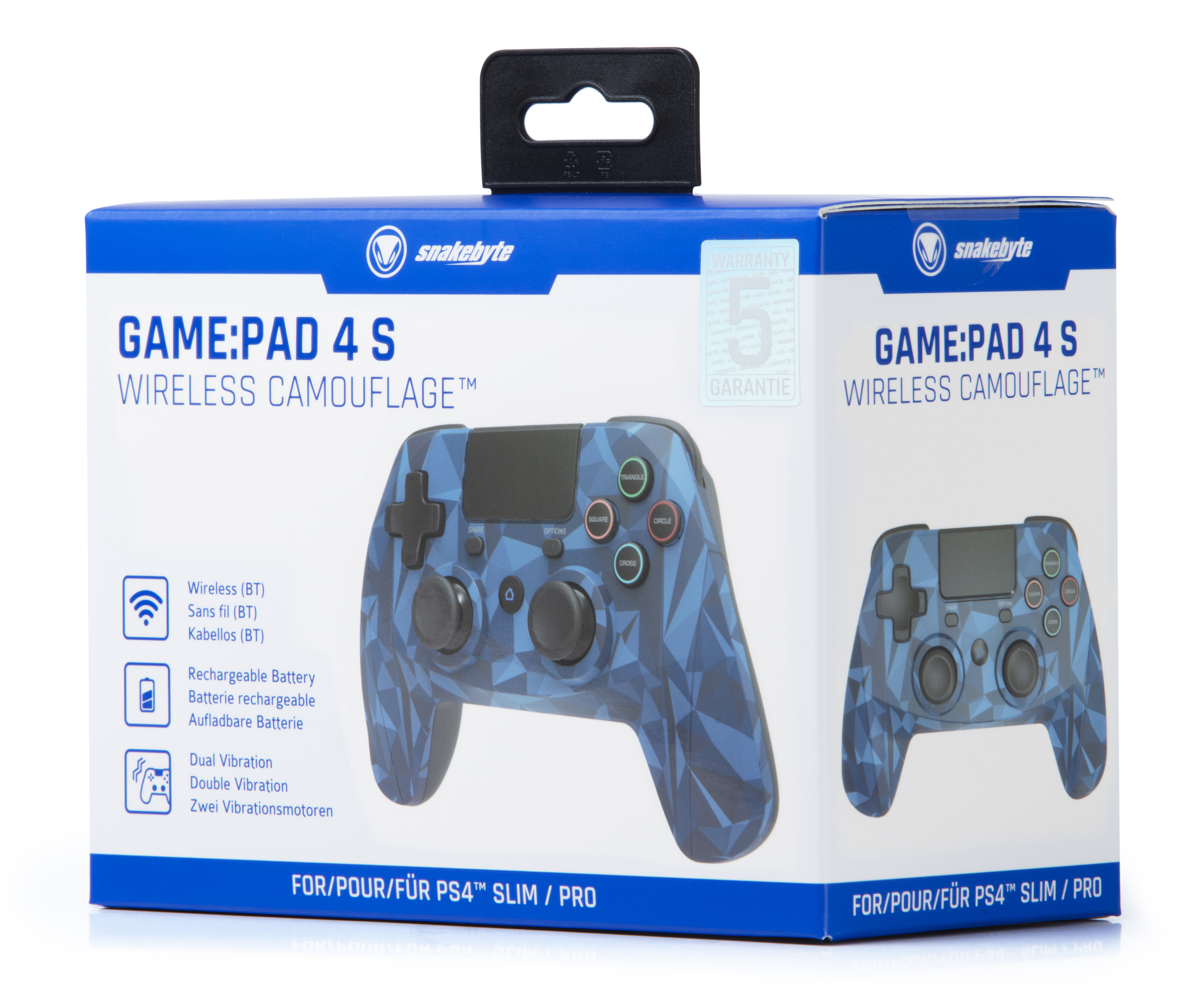 Eine blaue Camouflage-Controller-Box, der Controller und die Box sind im Bild dargestellt.