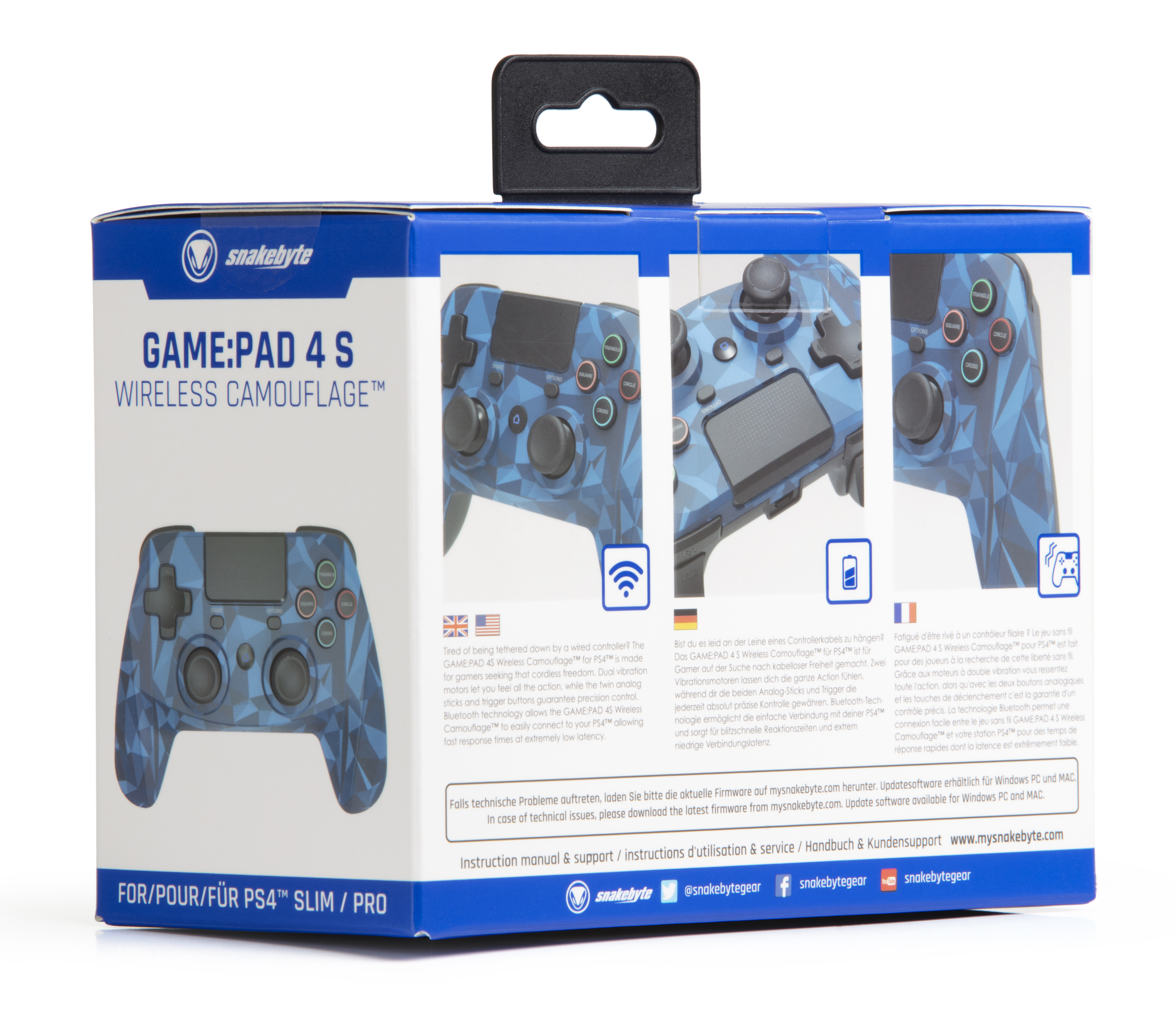 Eine blaue Tarnmuster-Controller-Box mit Text und Bildern auf weißem Grund.