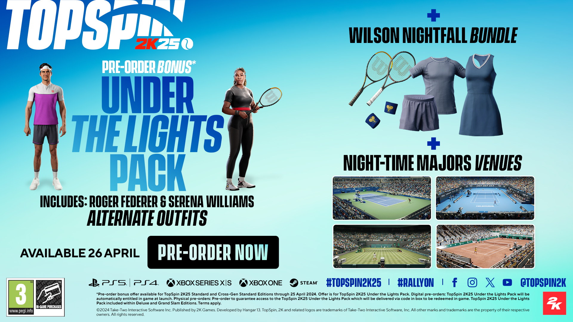 Promotieafbeelding. Topspin 2K25 game met Serena Williams en Roger Federer outfits, Wilson Bundle.