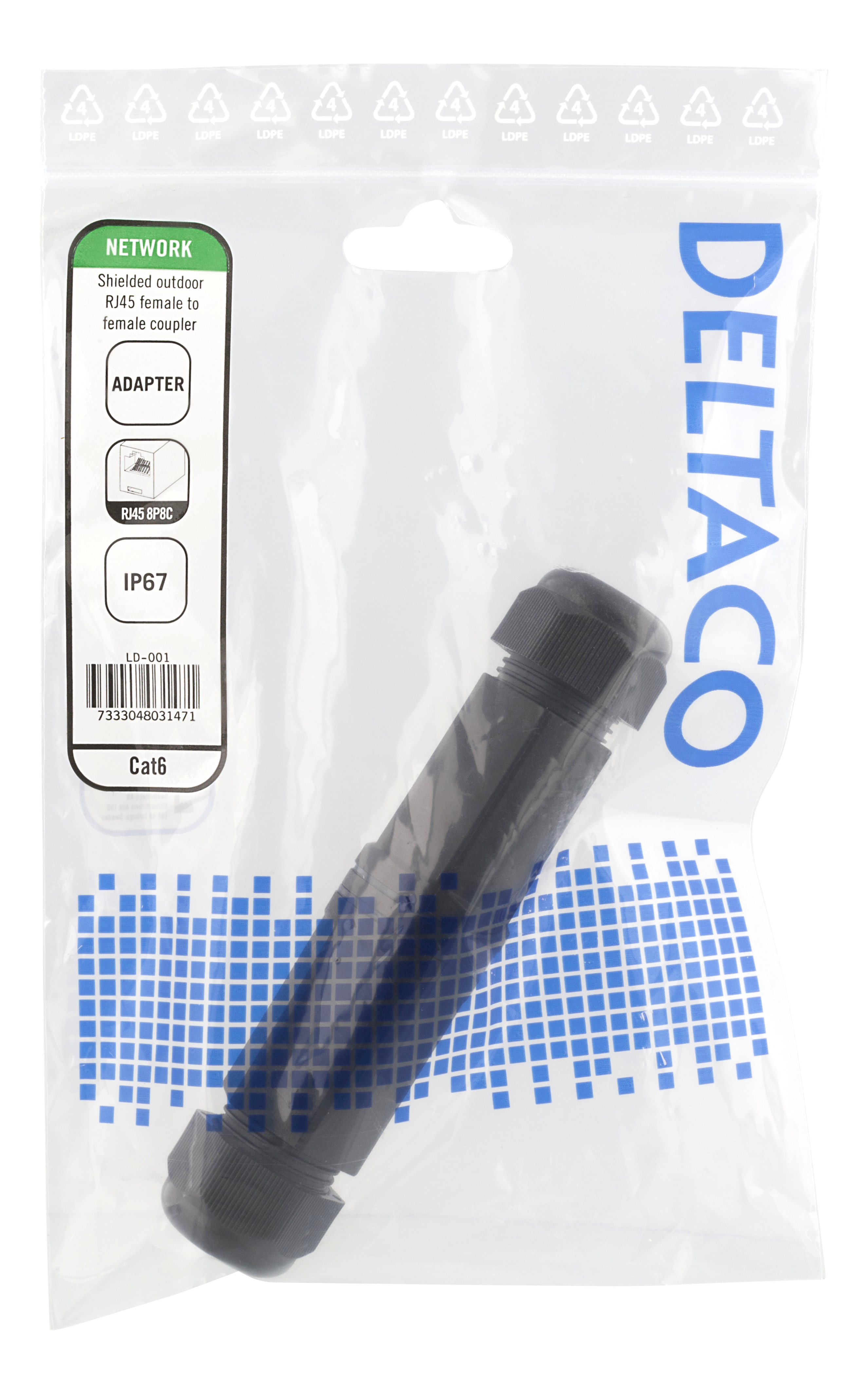 Clear plastic bag with a black connector and text. The bag says 'NETWORK' and 'DELTACO'.