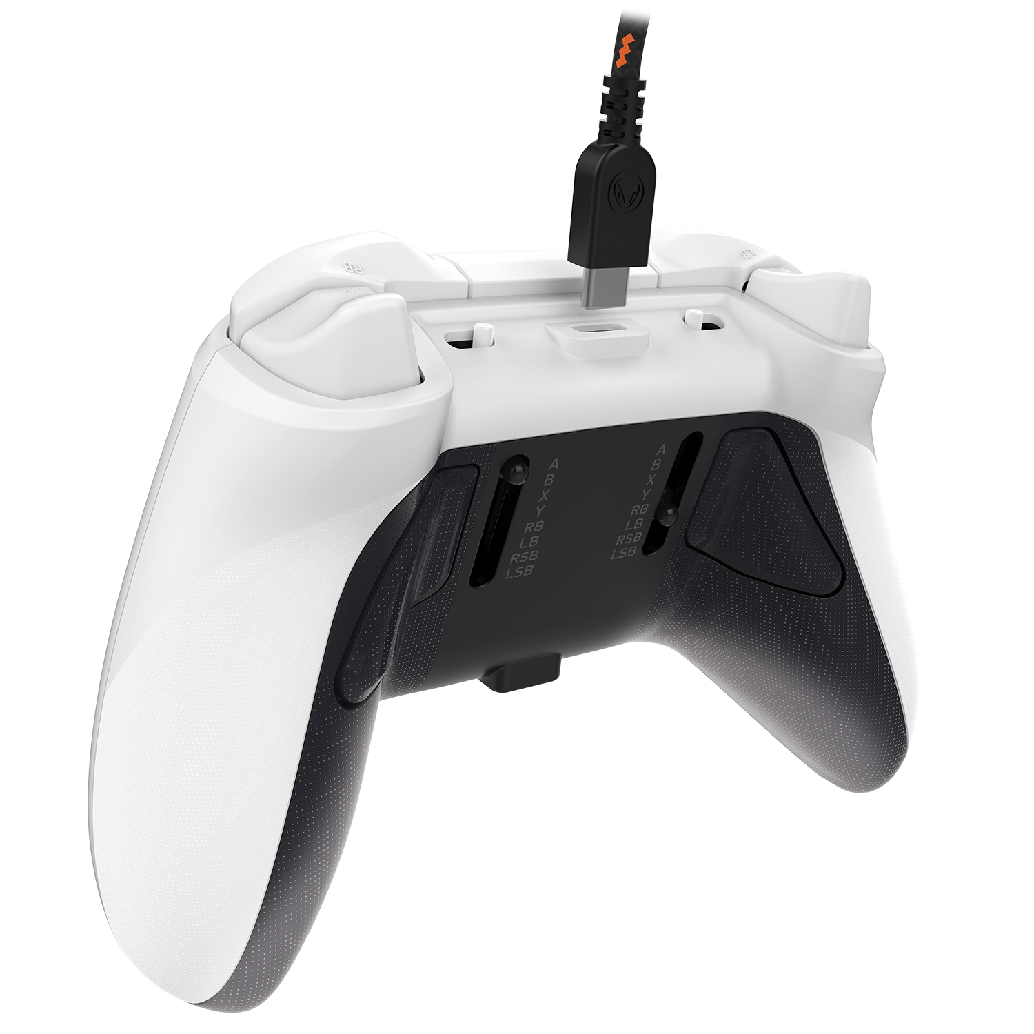 White and black gamepad with buttons labeled A, B, X, Y, RB, LB, RB, LSB, and a USB cable.