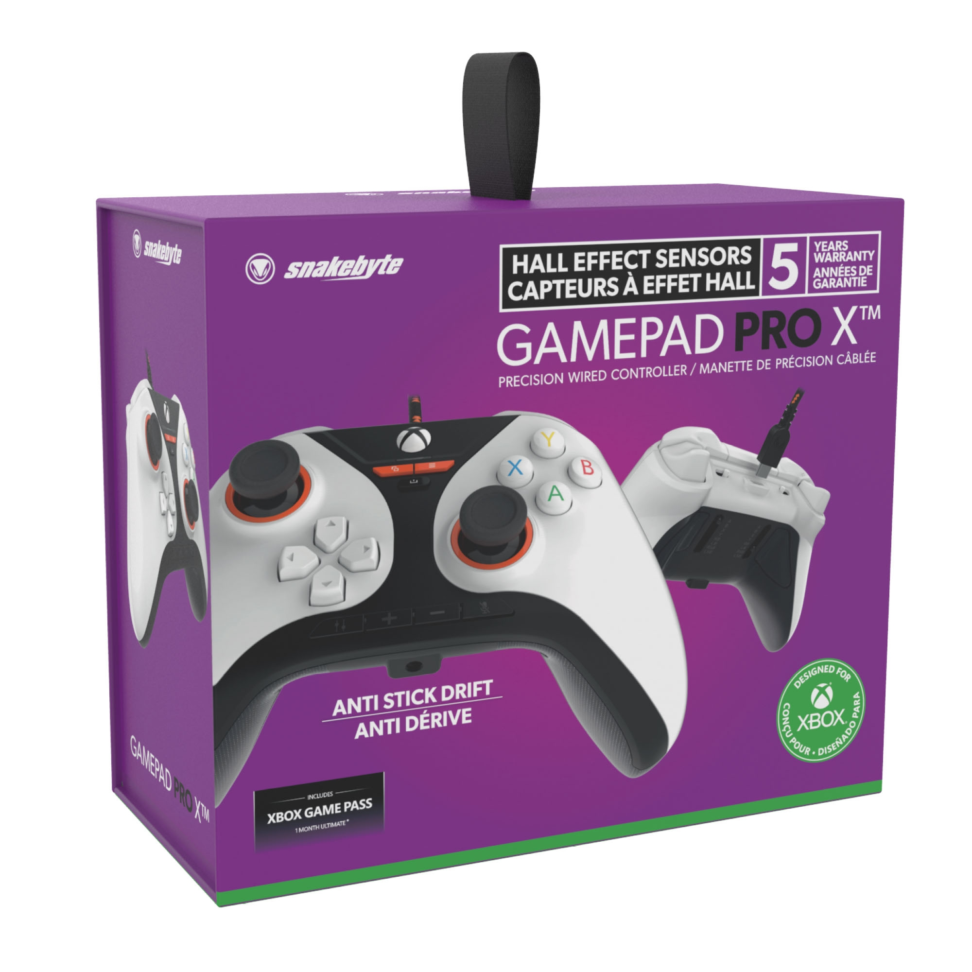 Gamepad Pro X box with gamepad images and specifications. White and purple box.