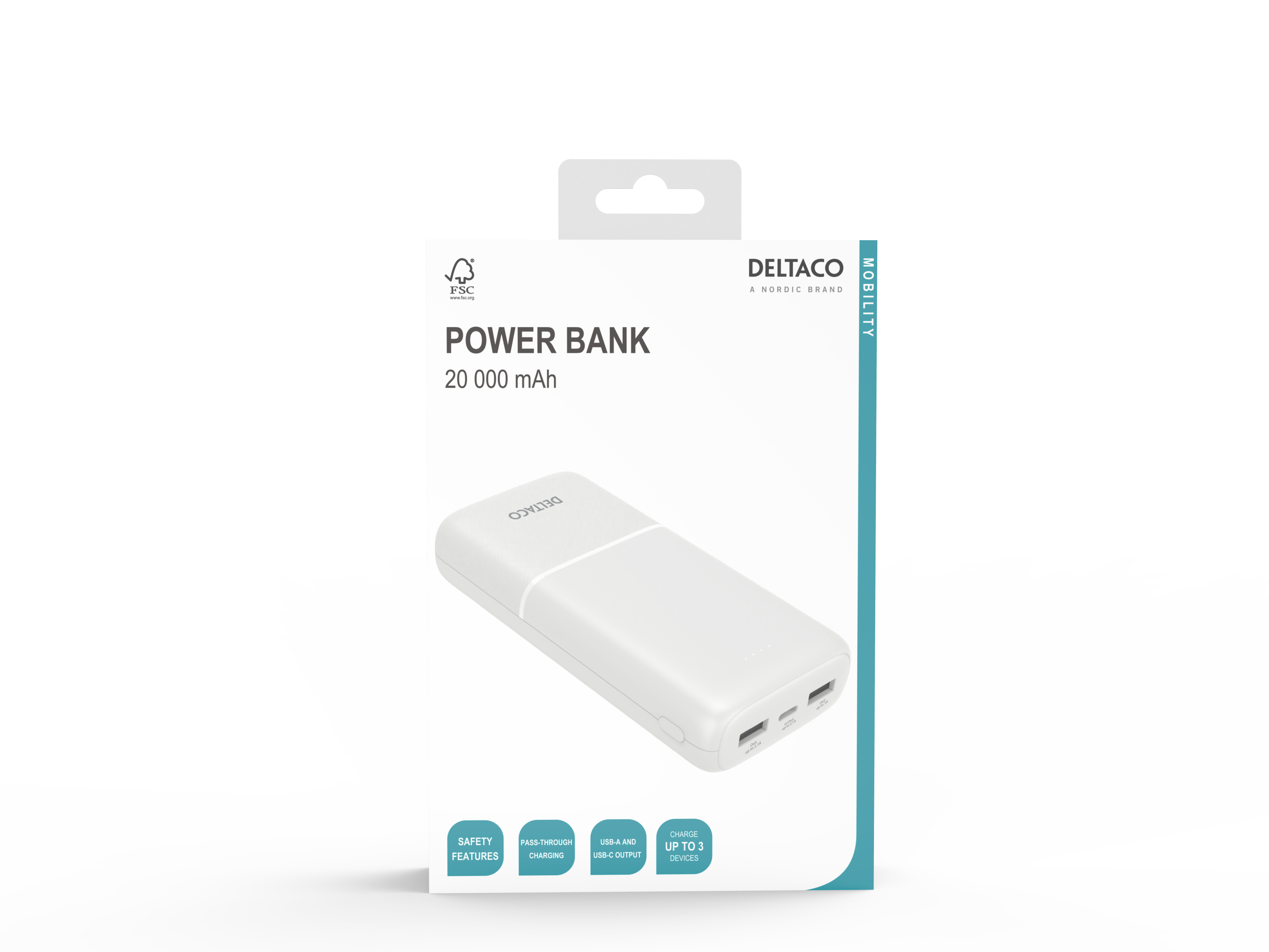 Power bank bianco in confezione con testo e grafica. Prodotto DELTACO da 20.000 mAh.