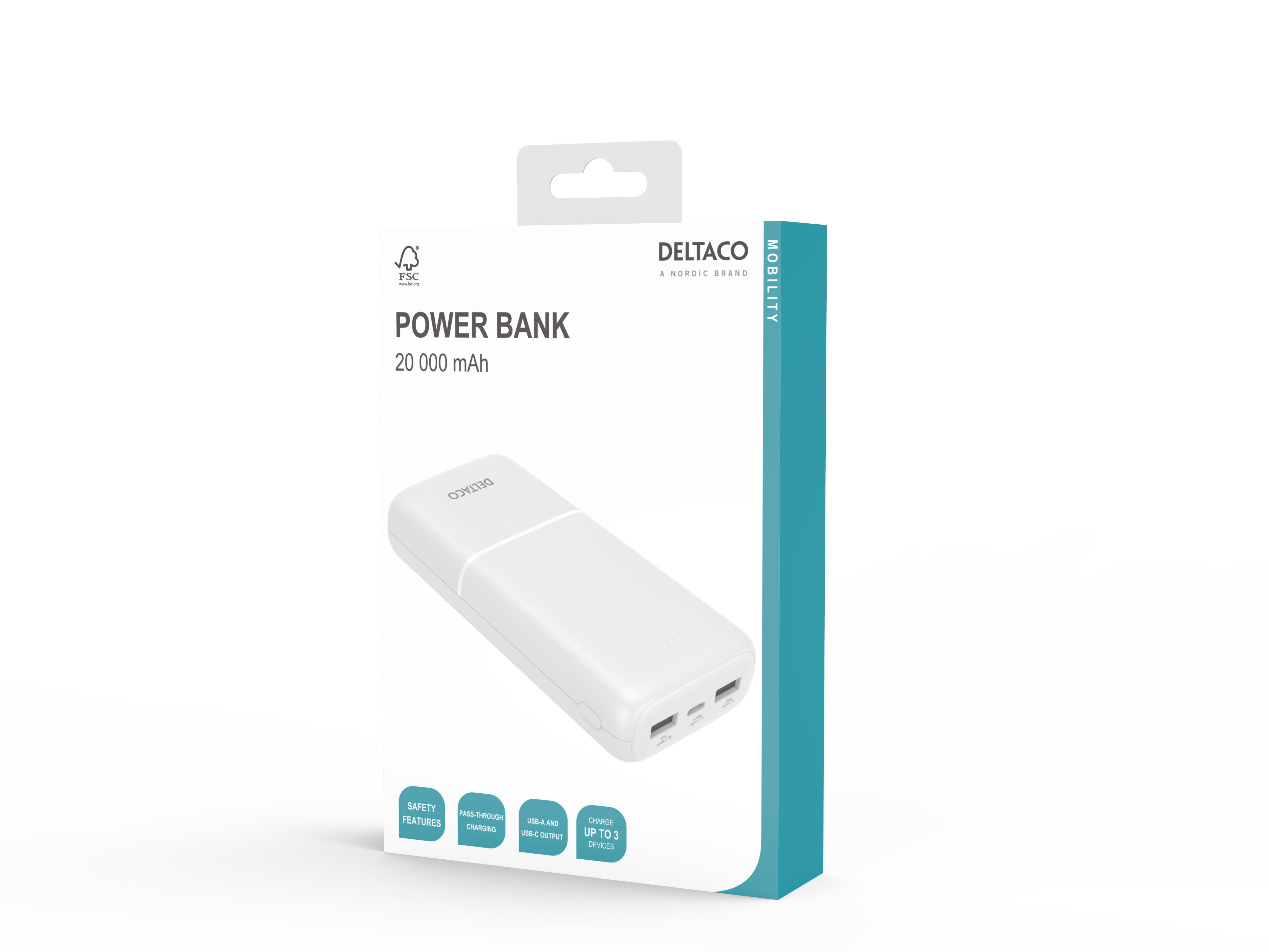 Power bank bianca in una scatola con testo e design. Sfondo bianco.