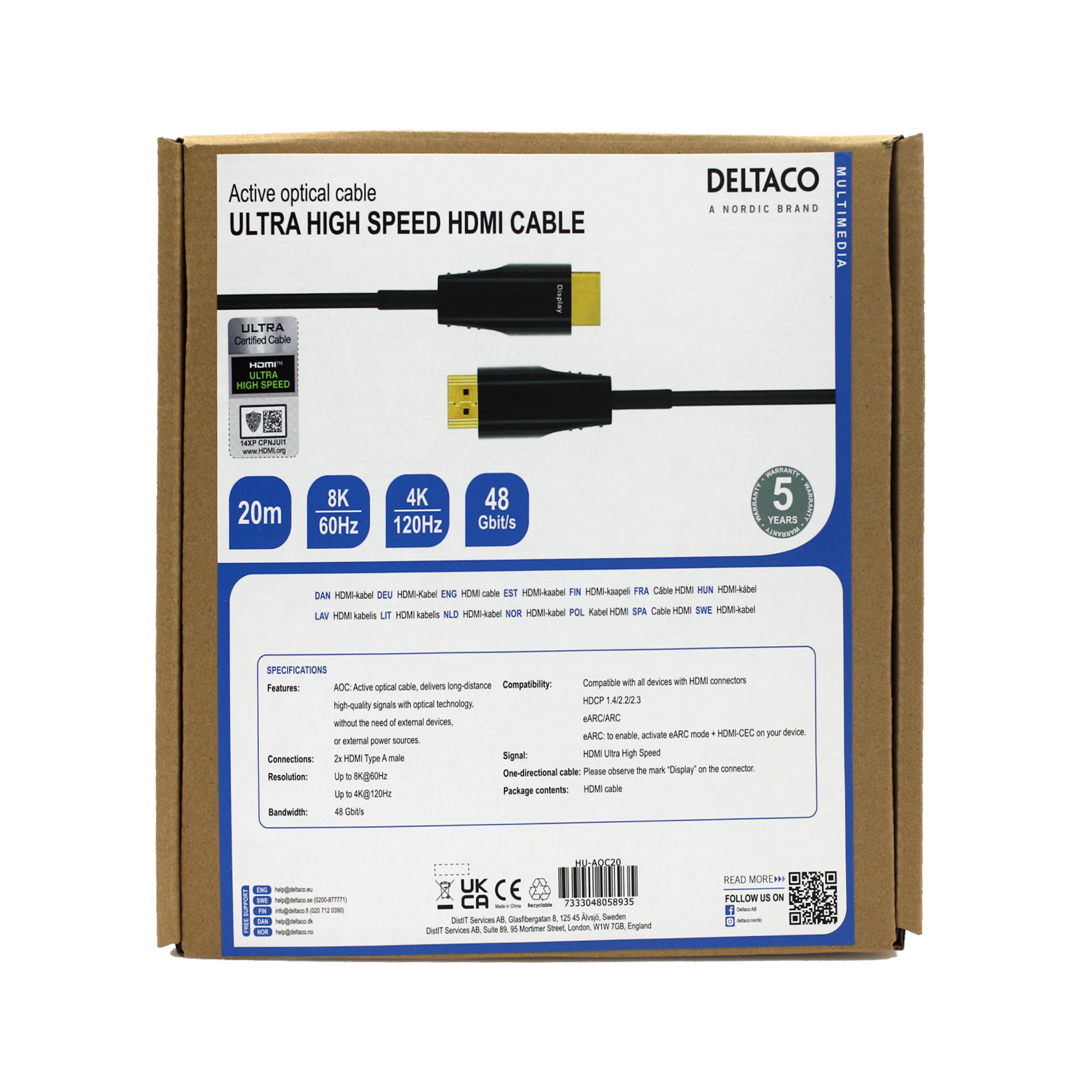 Doos voor een Deltaco ultra high speed HDMI-kabel, met specificaties.