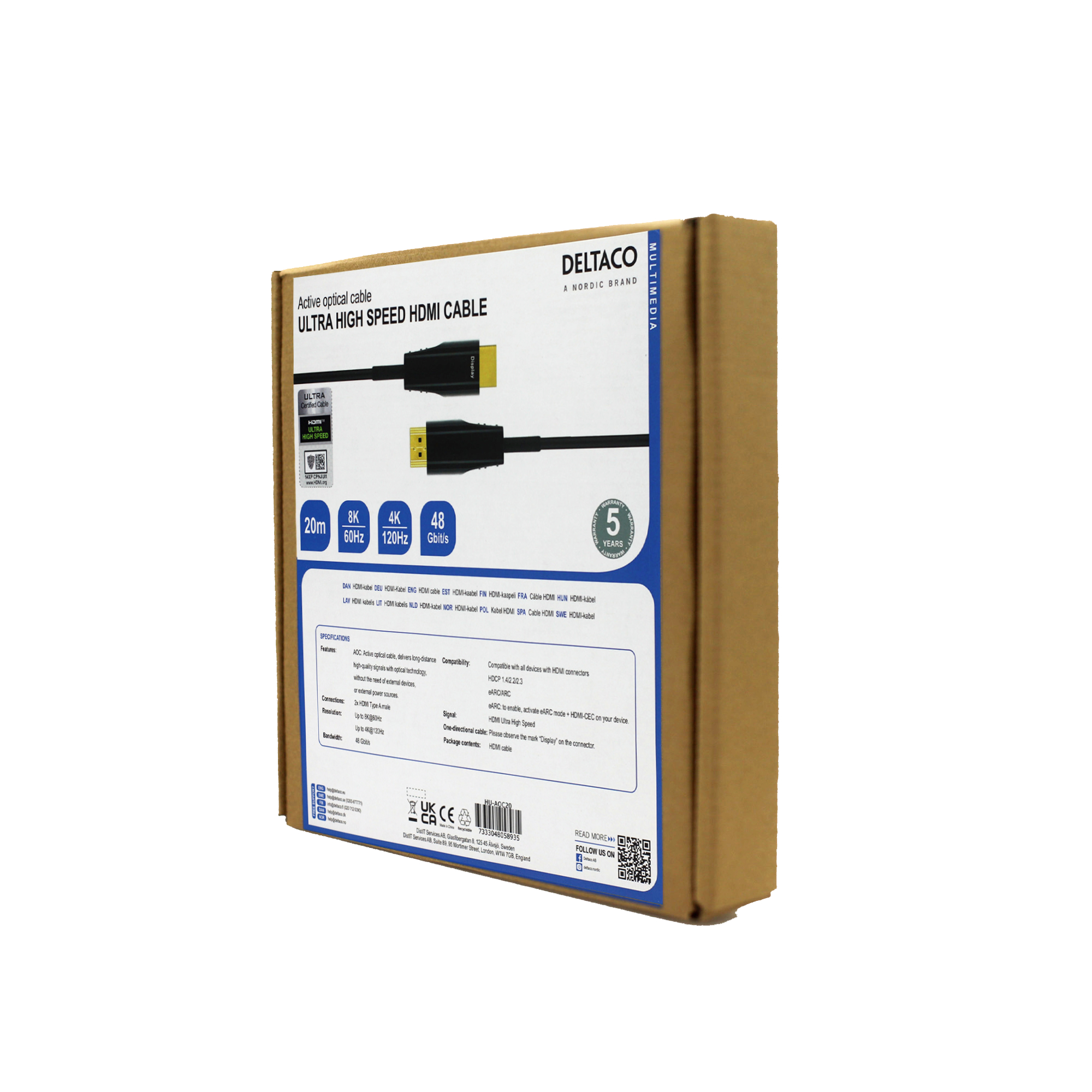 Doos van een ultra high speed HDMI-kabel. Toont kabel, kenmerken en specificaties.