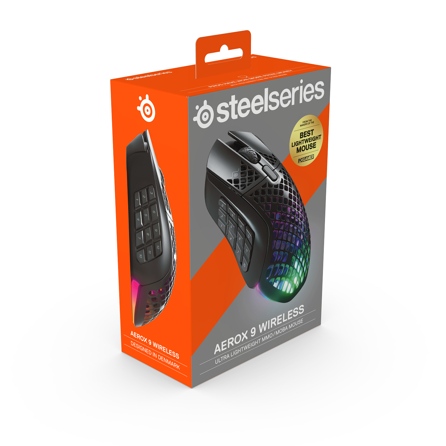 Mysz gamingowa SteelSeries Aerox 9 Wireless w pudełku. Czarna mysz, kolorowe podświetlenie.