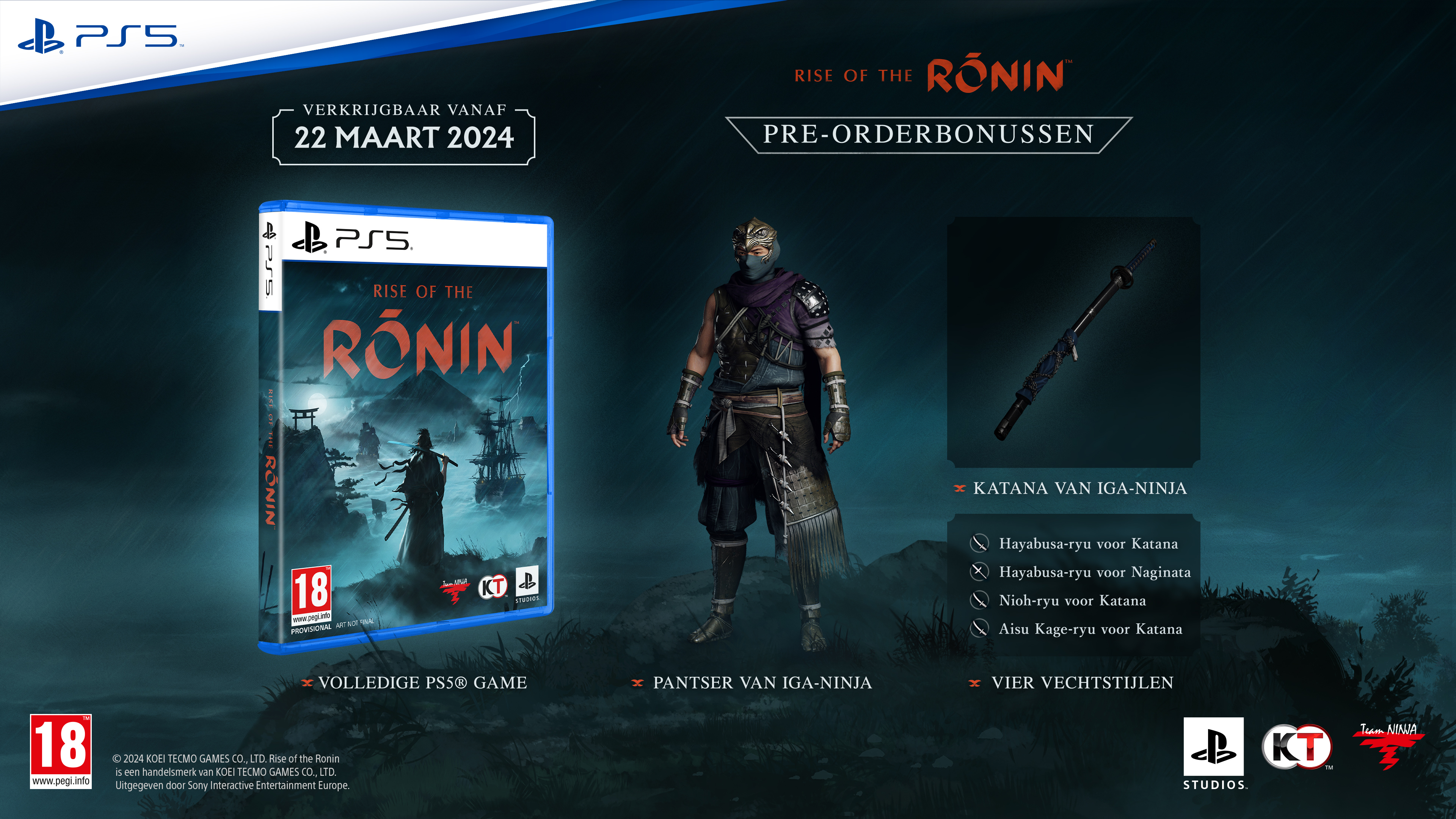 Game ad. PS5 console, game case, character, and weapon. Pre-order bonuses.