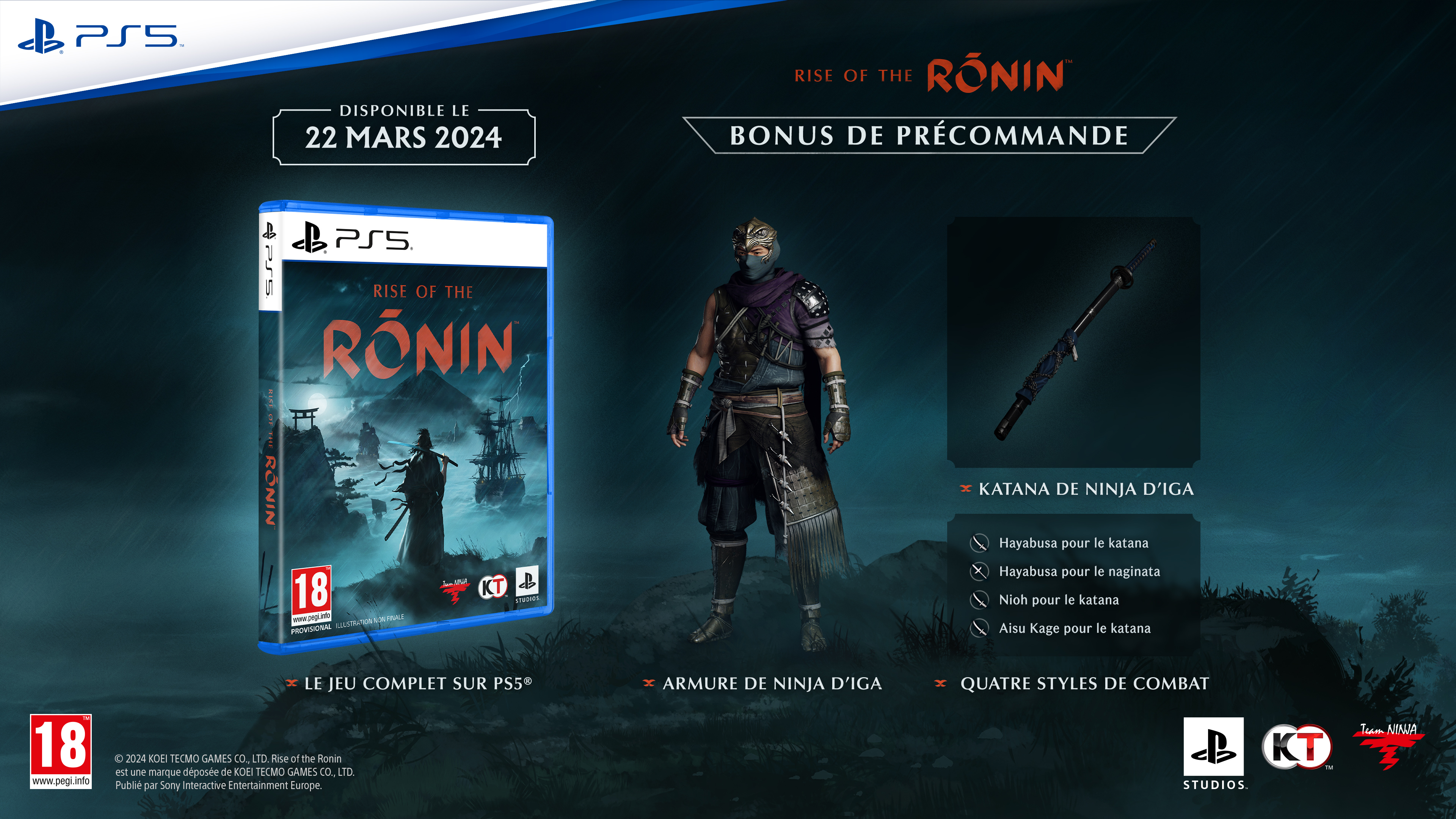 Game box of Rise of the Ronin for PS5, a character, and a katana, with text on a blue background.