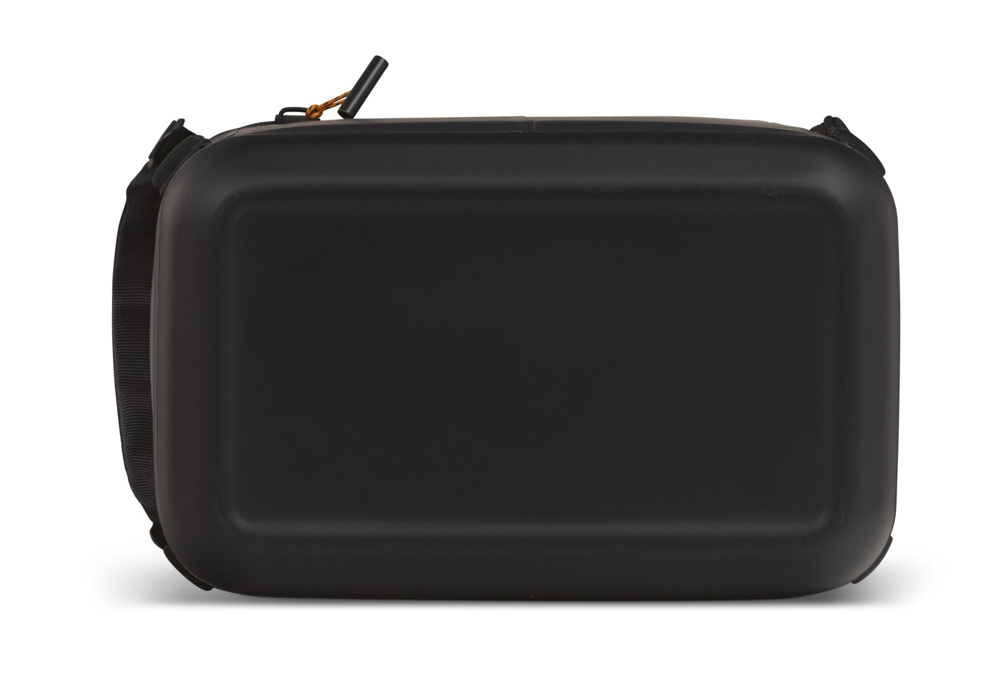 Black rectangular bag with a handle and strap, on white. Top view. 