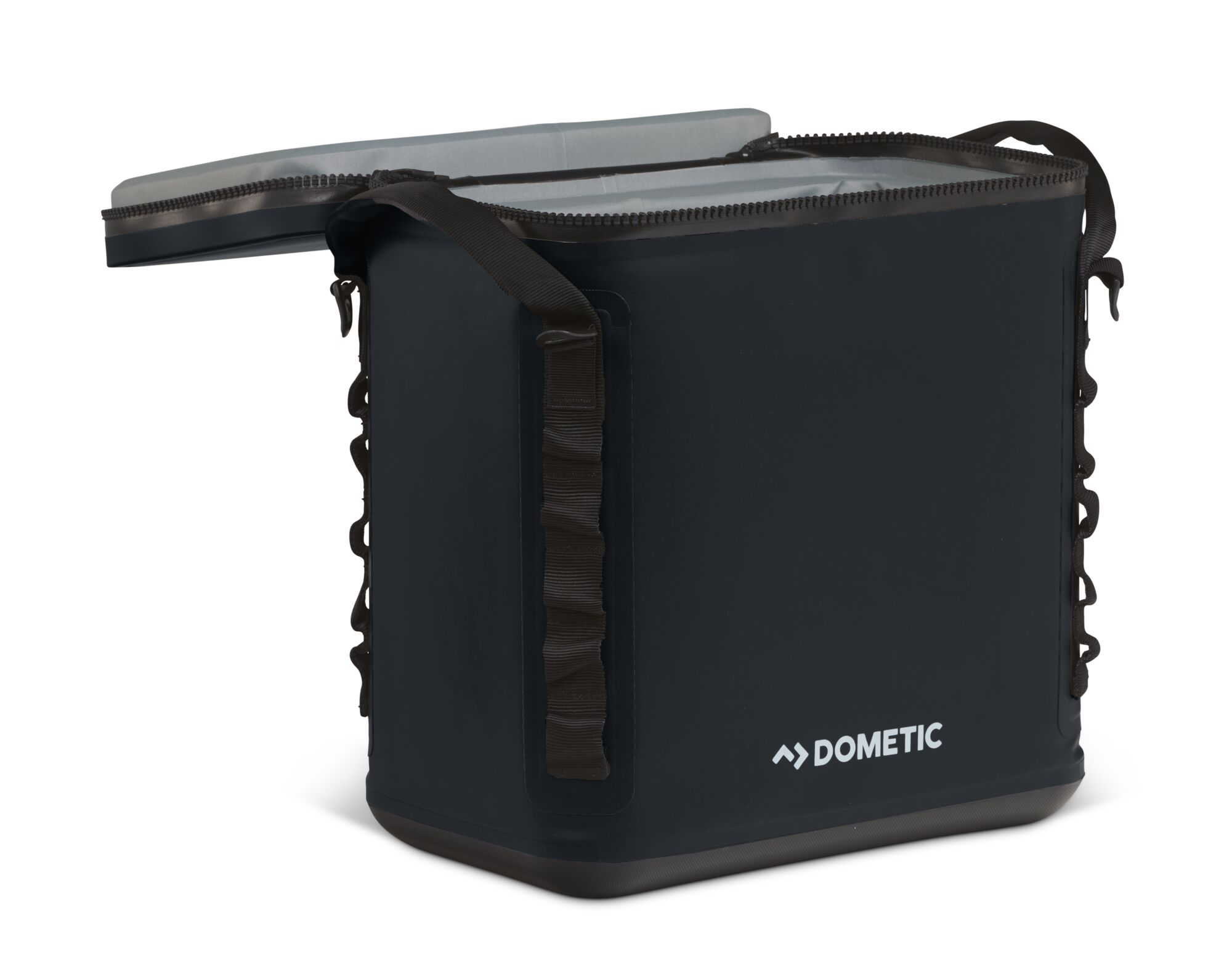 Black cooler bag with open lid. The inside is visible. Dometic logo on the front.