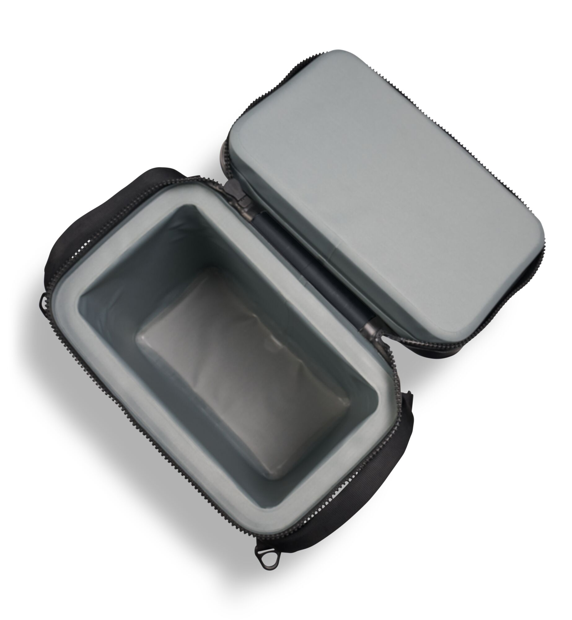 An open black cooler with a gray interior, viewed from above on a white surface.