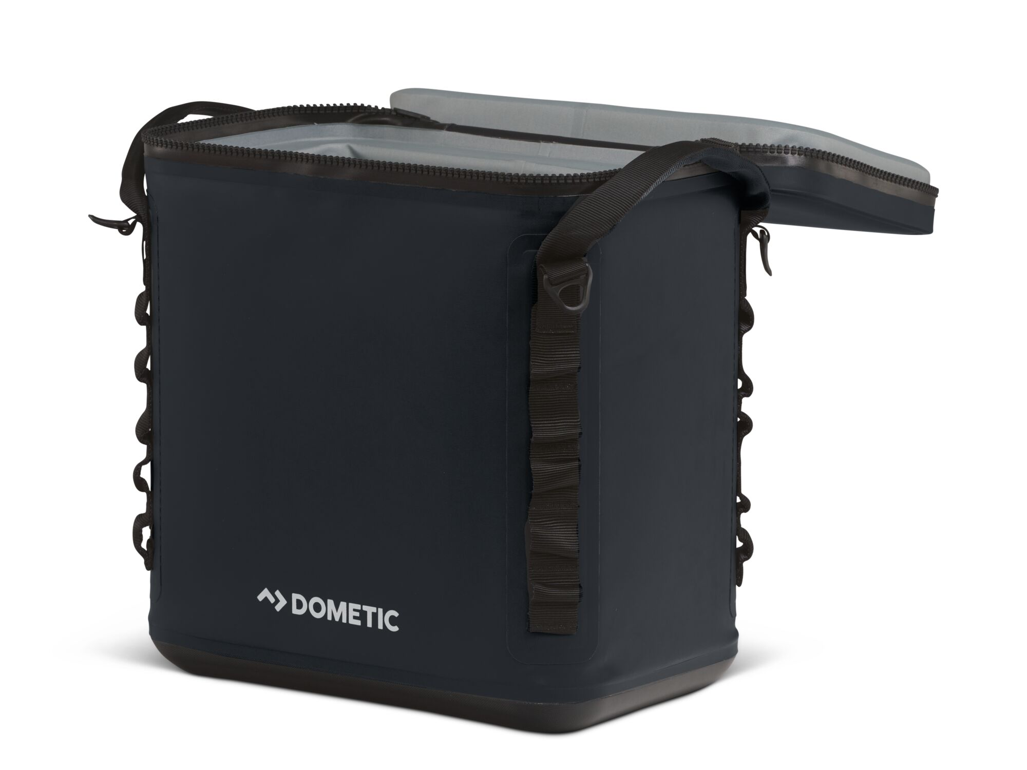 Black Dometic cooler with a zipper top and a shoulder strap.