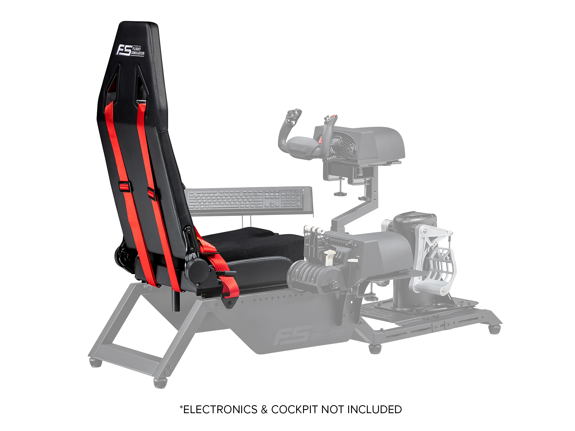 Asiento de simulador de carreras con arnés rojo. Asiento negro con correas rojas sobre marco gris.