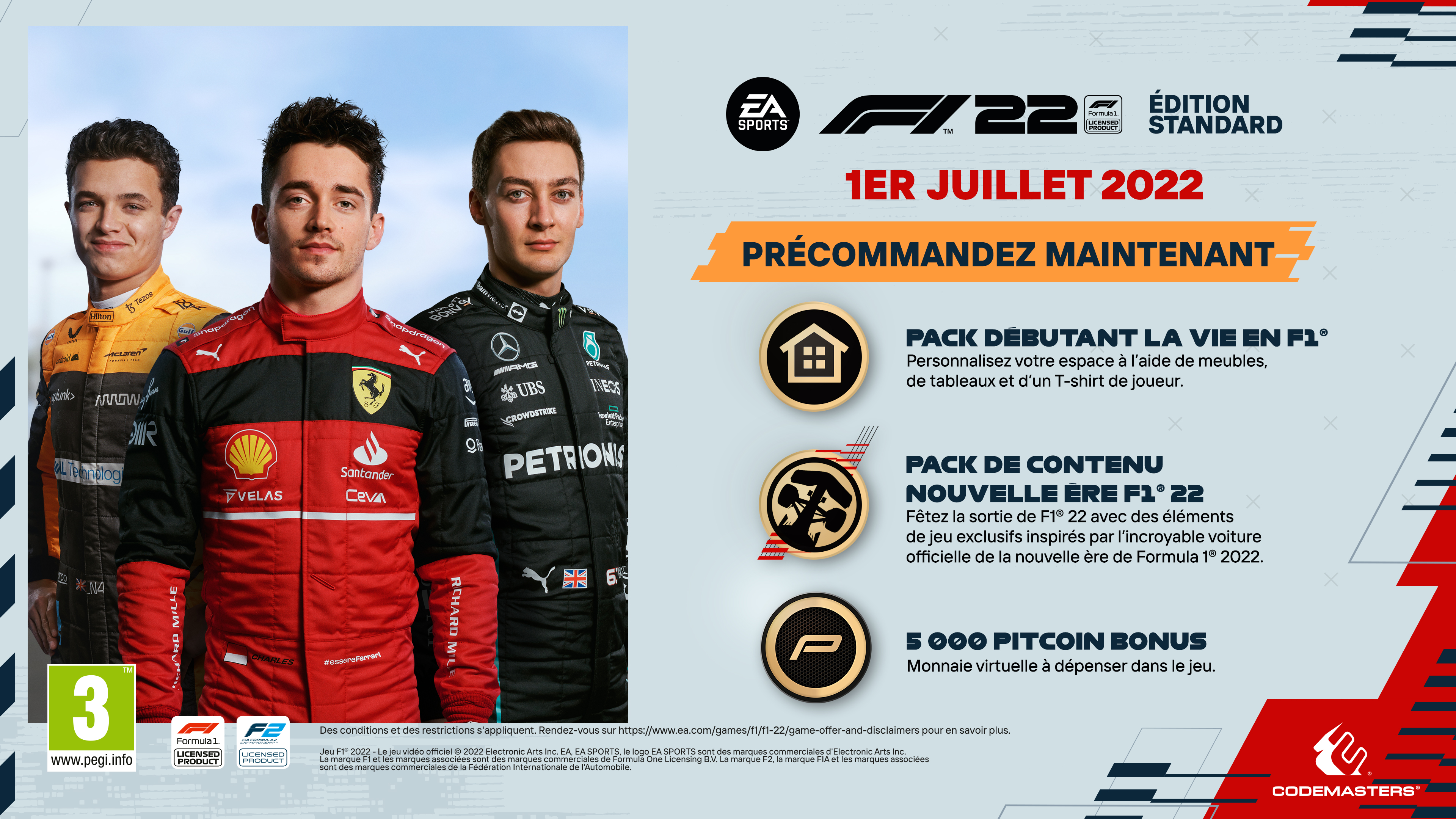 Obraz promocyjny z kierowcami F1 i informacjami o grze. Zamów teraz na 1 lipca 2022.