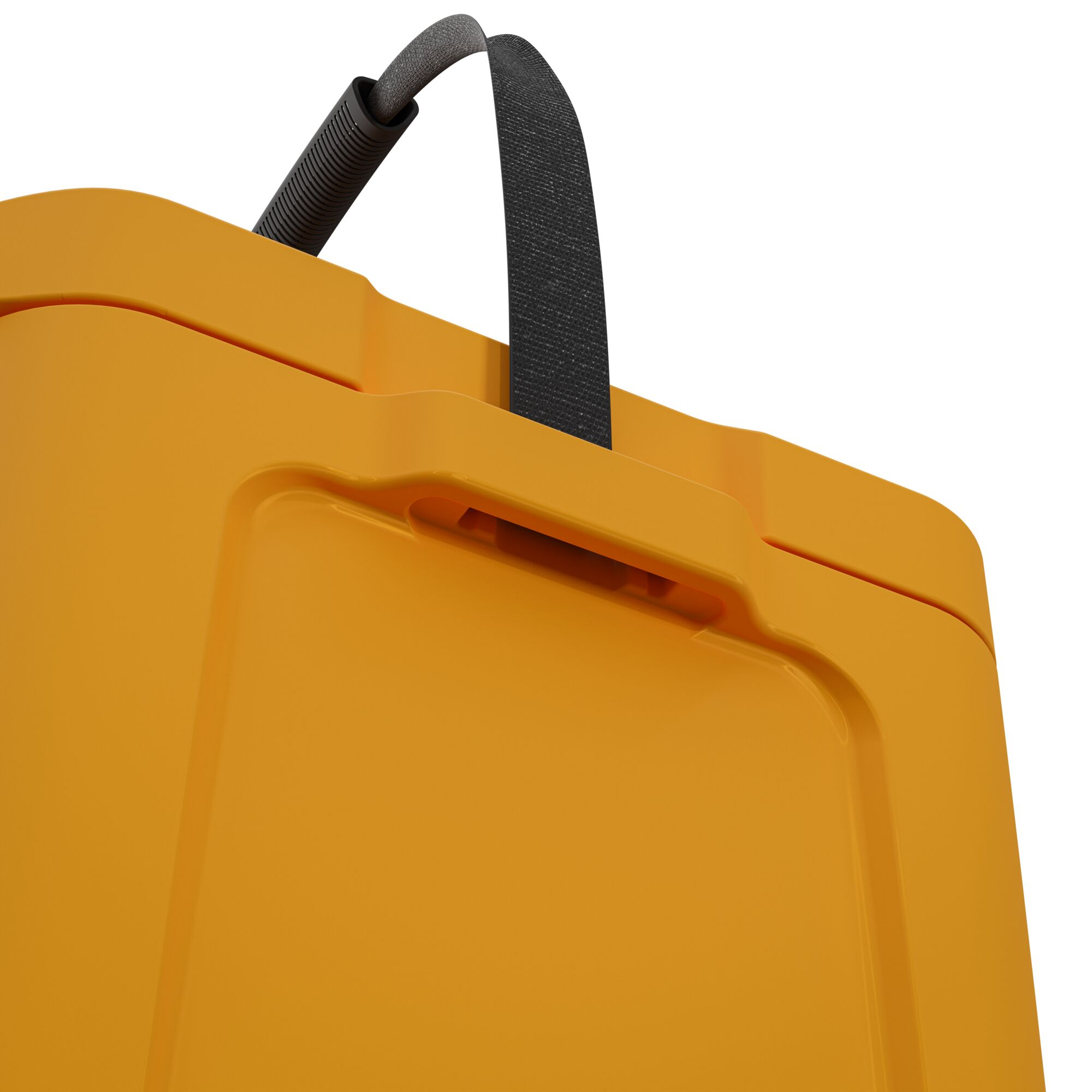 Gele container met een handvat. De container staat op een witte achtergrond.