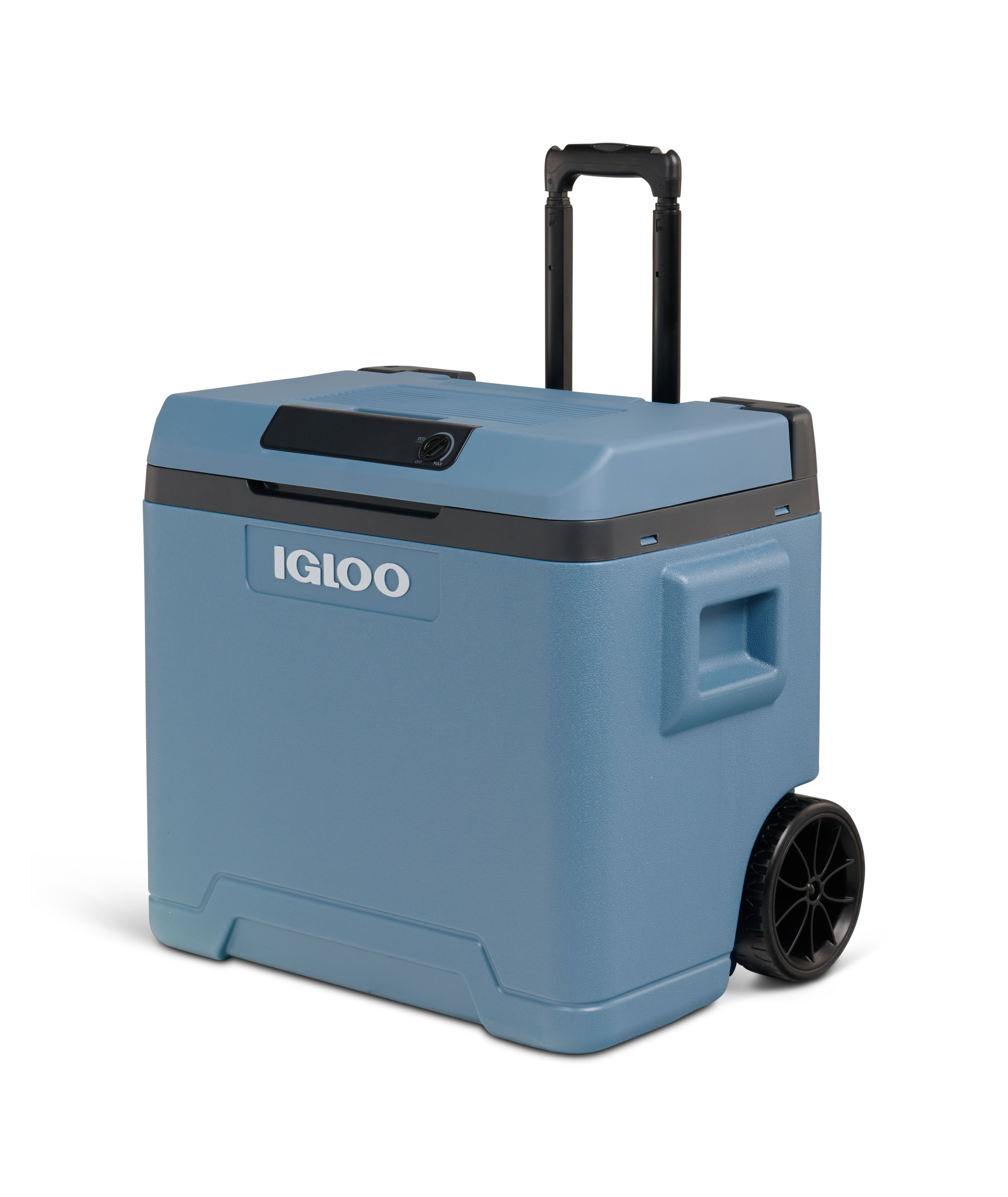 Blue Igloo cooler with wheels and a retractable handle on a white background.