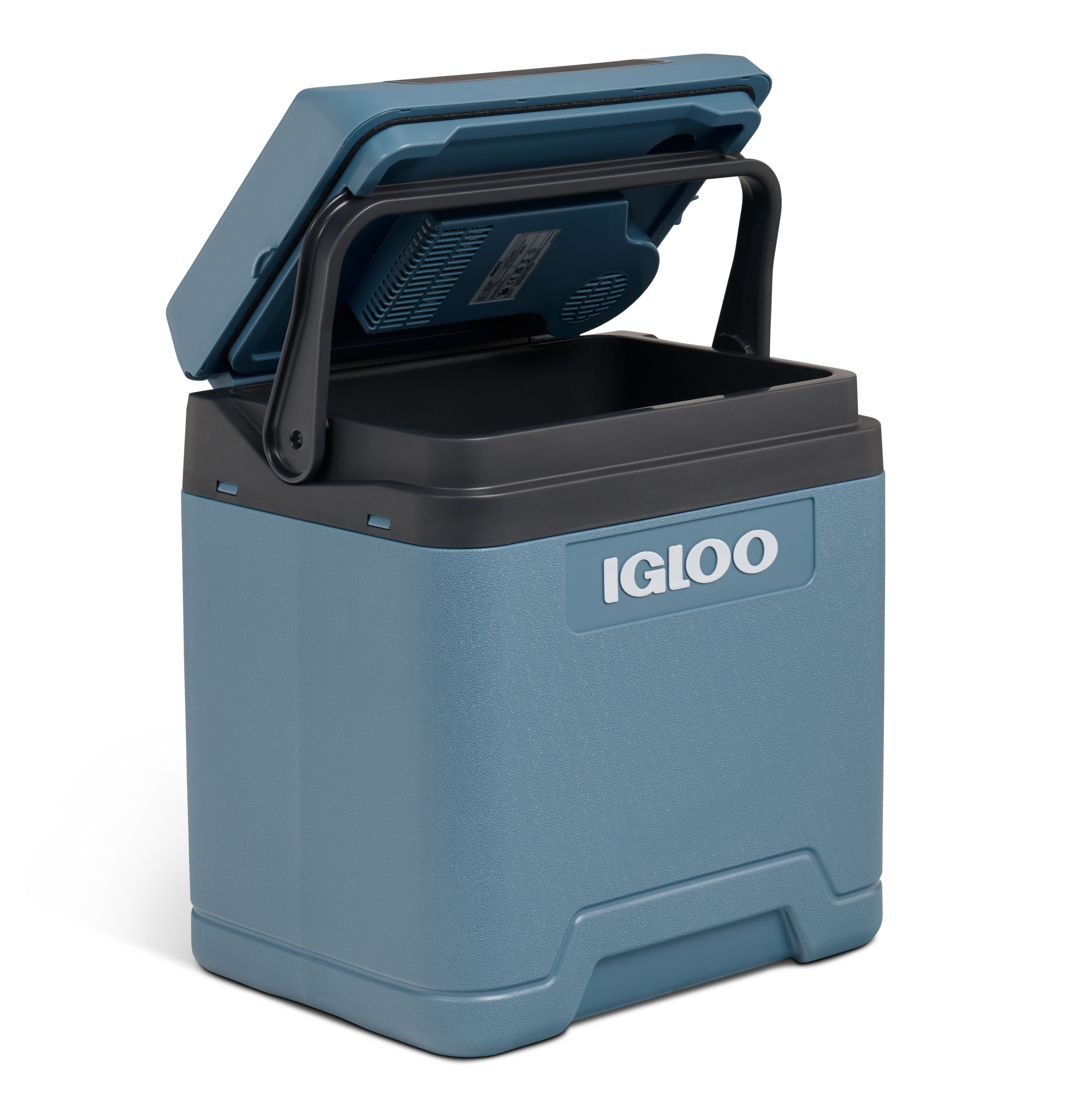 Blau-graue Igloo-Kühlbox, geöffnet, mit hochgestelltem Griff auf weißem Hintergrund.
