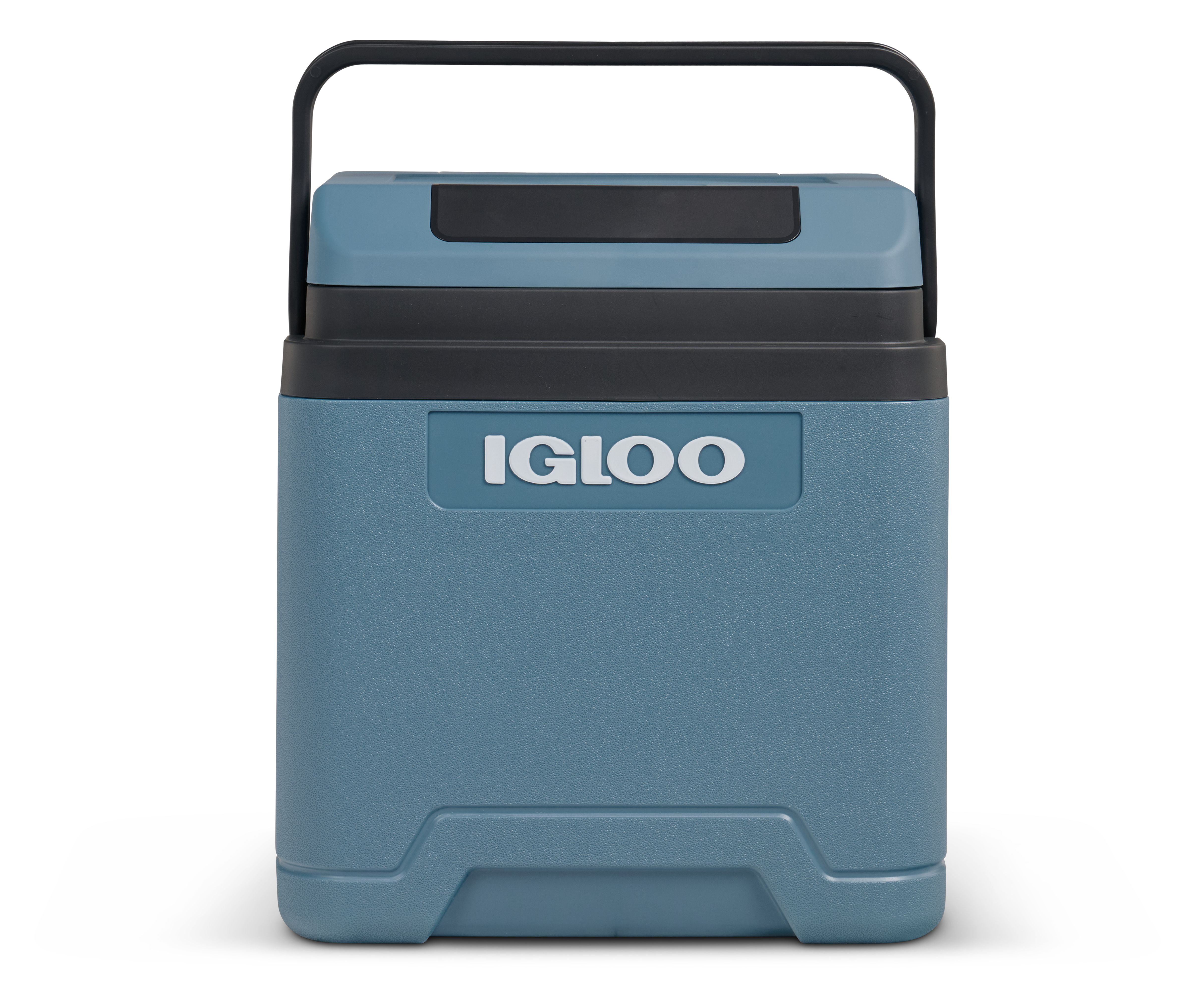 Blauer Kühler mit schwarzem Griff und Oberteil. Weißer IGLOO-Text auf der Vorderseite.