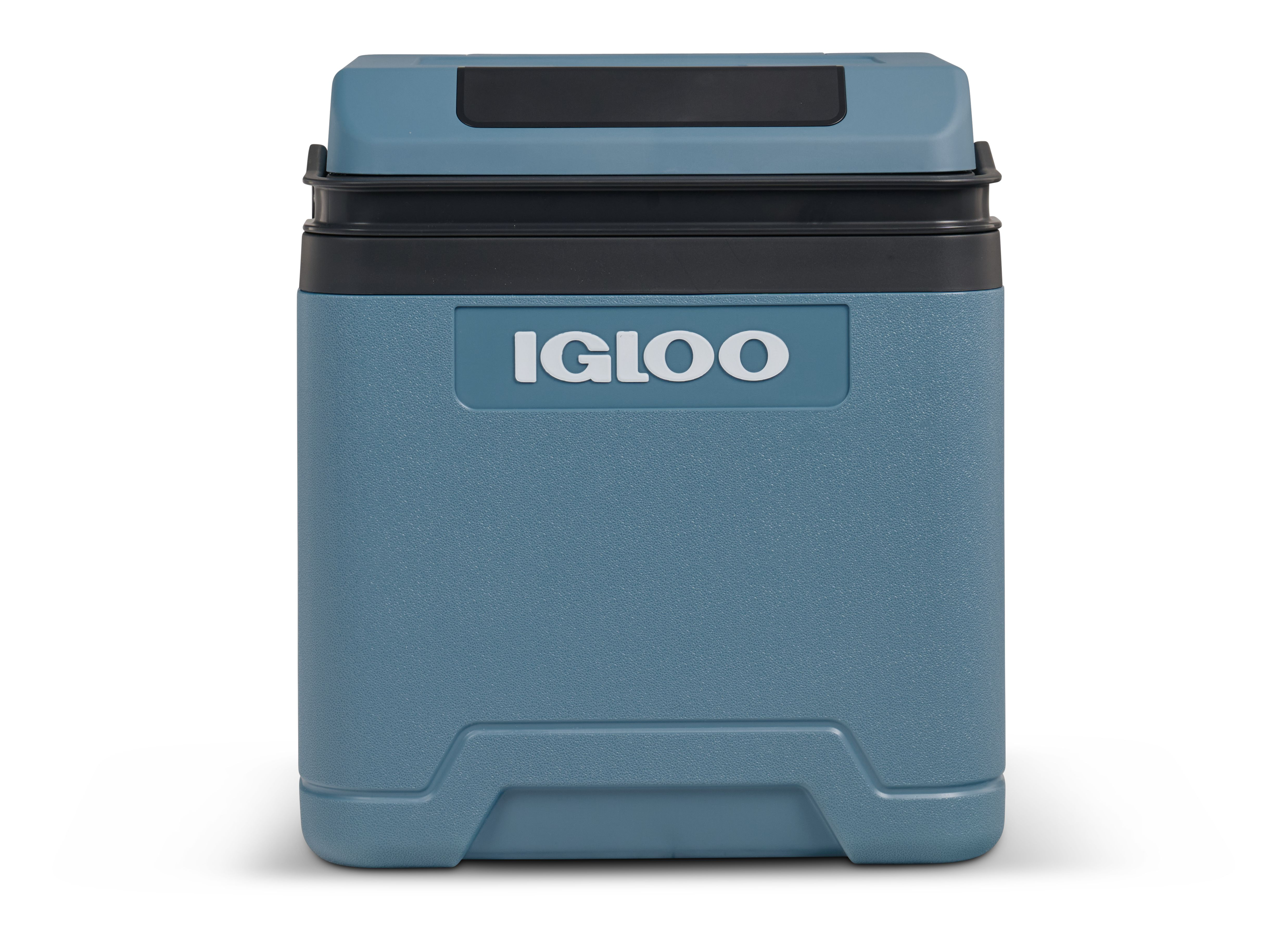 Blauer Igloo-Kühler mit schwarzem Deckel und Markennamen auf der Vorderseite.